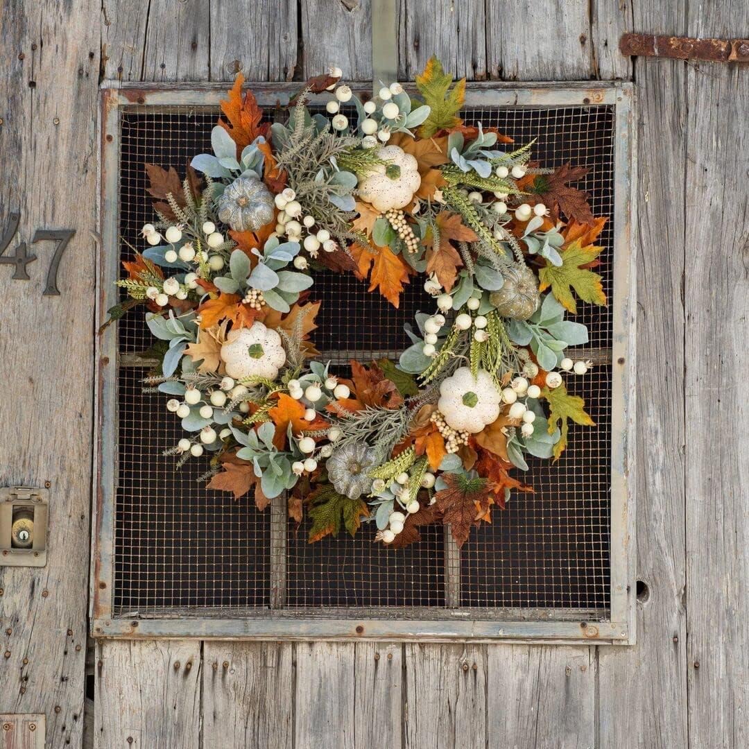 Artificial Fall Wreaths for Front Door Rustic Autumn Wreath with Pumpkin,Rose,Berry Branchesm,Mixed Leaves Thanksgiving Wreath Fall Door Wreath for Halloween Thanksgiving Indoor Outdoor Decor (B17.7)