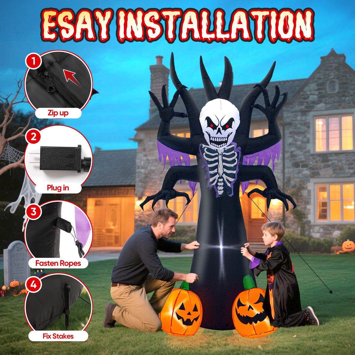 Toiyjofe 6ft Halloween Inflatable Black Cat with Glowing Jack o' Lantern and Witch Hat, Outdoor LED Trick-or-Treat Decoration for Yard, Lawn & Porch