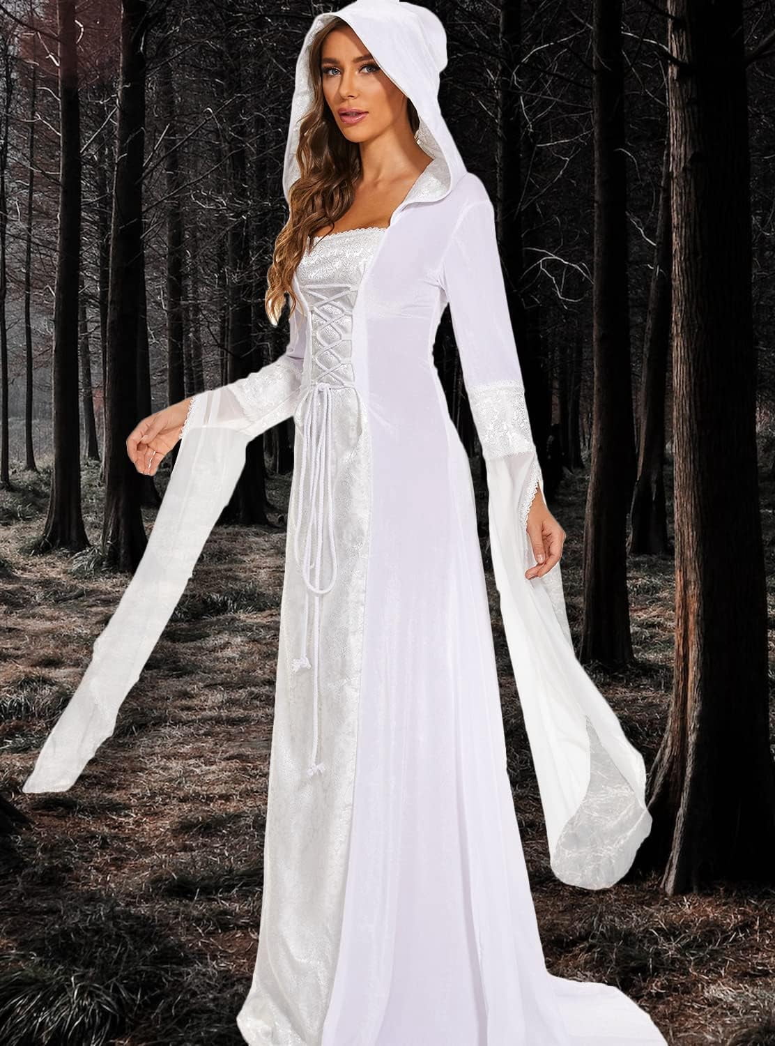 Halloween Witch Costume Women, Deluxe Witch Dress Costume, Vintage Embroidered Renaissance Gothic Hooded Vampire Gown Dress Cosplay Costumes Black M