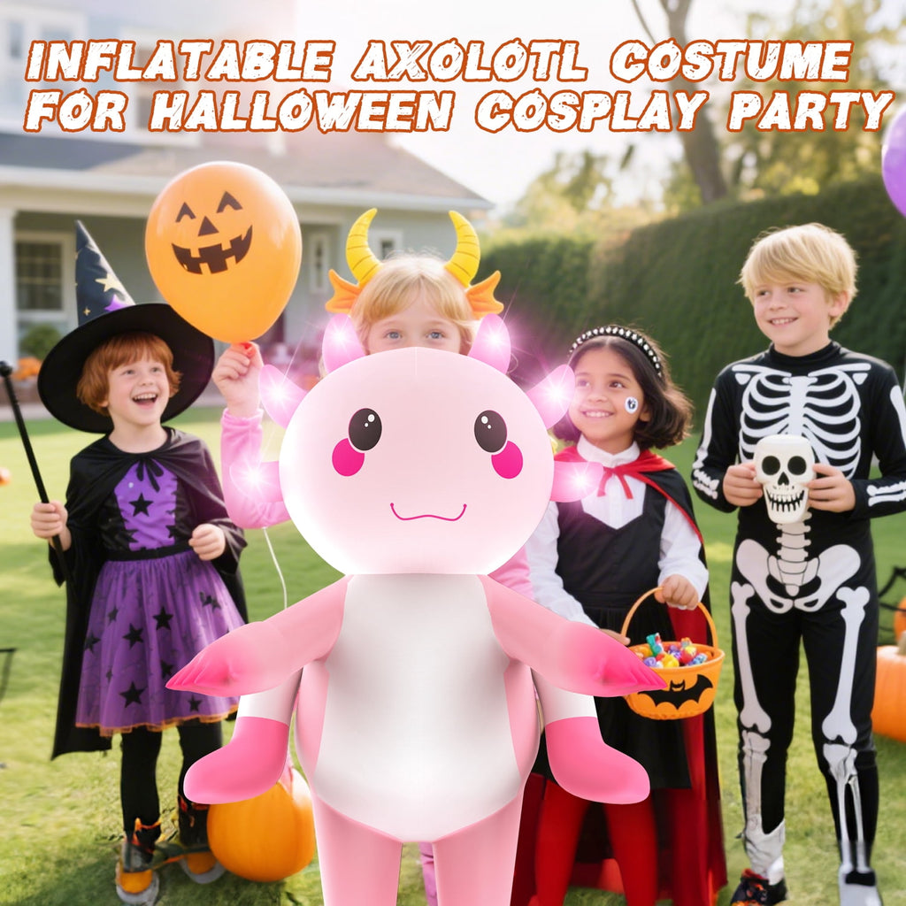 WonderStone Axolotls Inflatable Costume with LED Lights, Halloween Ride-on Costume, Blow-Up Dragon Onesie for Cosplay Party, Suitable for Kids Ages 7-12