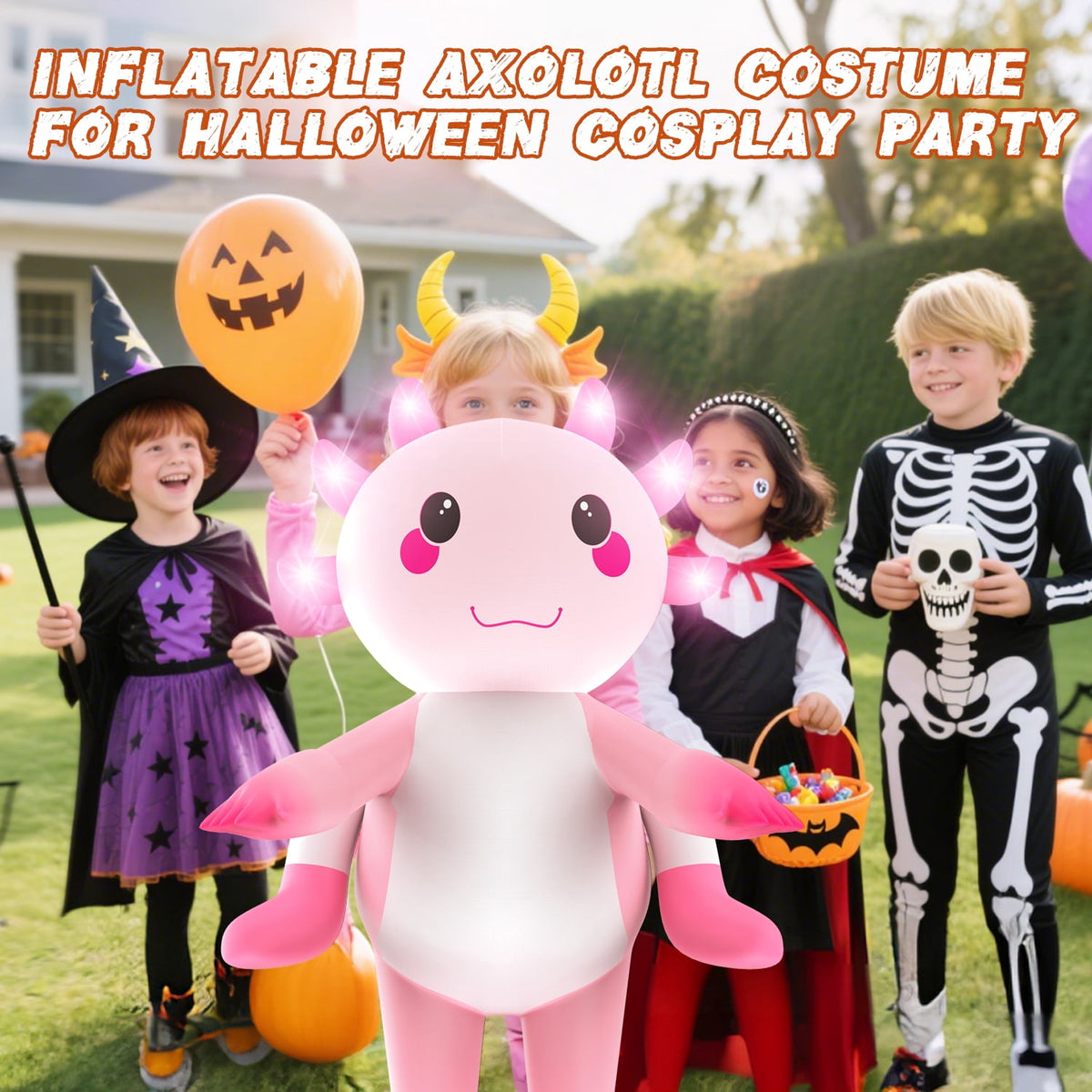 WonderStone Axolotls Inflatable Costume with LED Lights, Halloween Ride-on Costume, Blow-Up Dragon Onesie for Cosplay Party, Suitable for Kids Ages 7-12