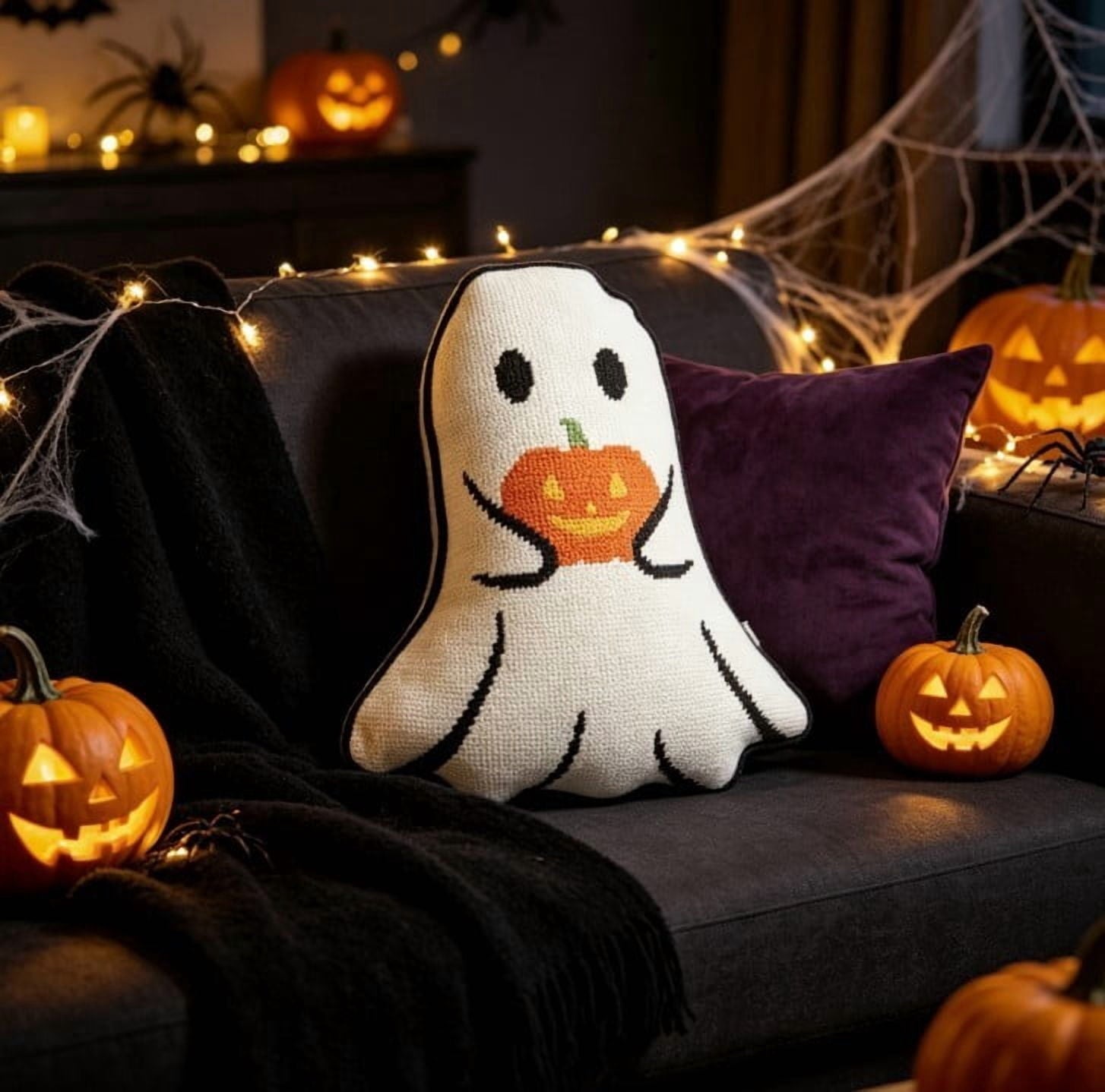 Halloween Ghost Reading Book Throw Pillow Cover, Spooky Library Bookshelf Skull Candlestick Decorative Pillowcase, Retro Halloween Cushion Cover