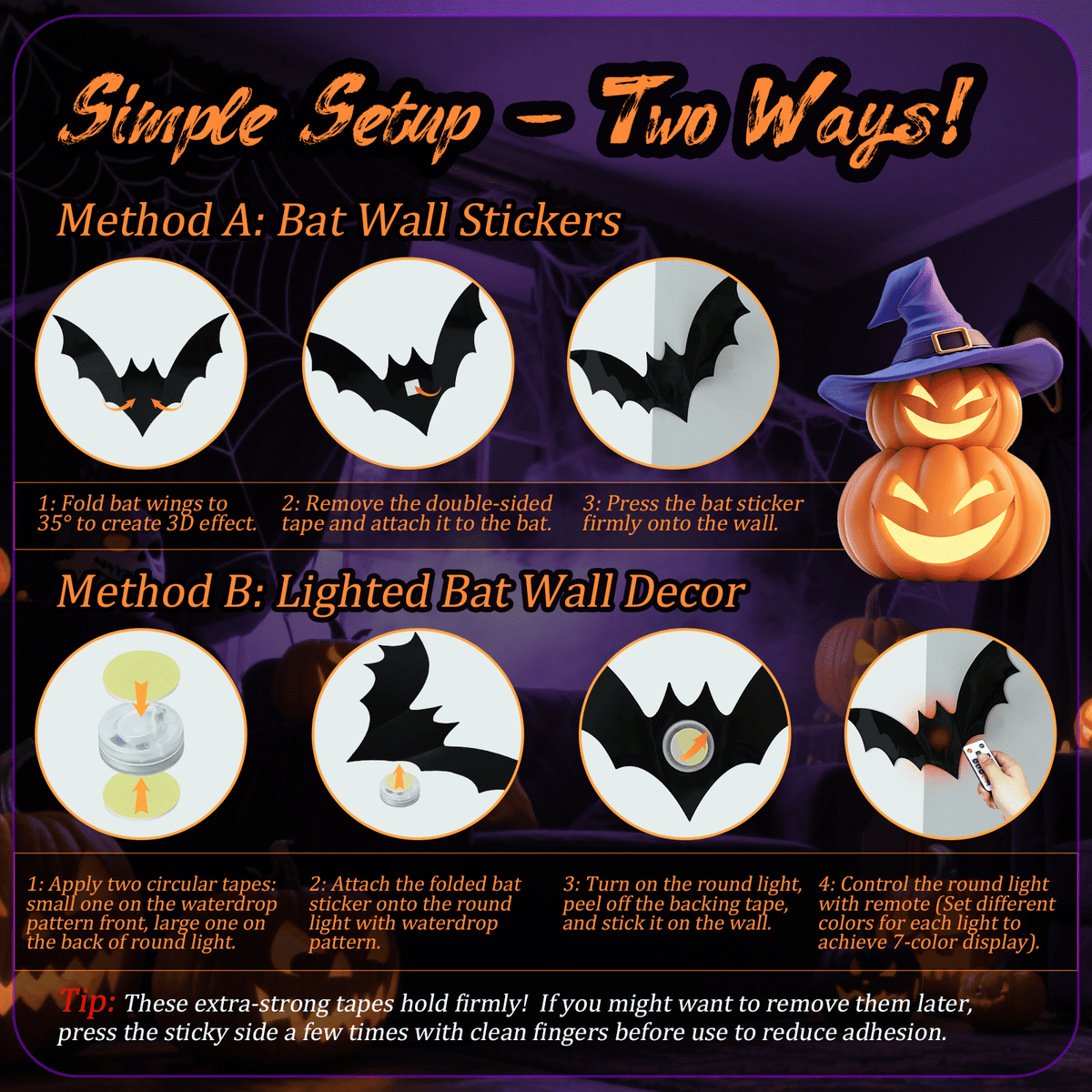 PChero 48Pcs Halloween Bats Wall Decor with 12 Color Changing Lights, 3D Light up Bats with Remote Timer, 10 Different Size PET LED Bat Wall Stickers for Bedroom Window Spooky Decor Home Decals