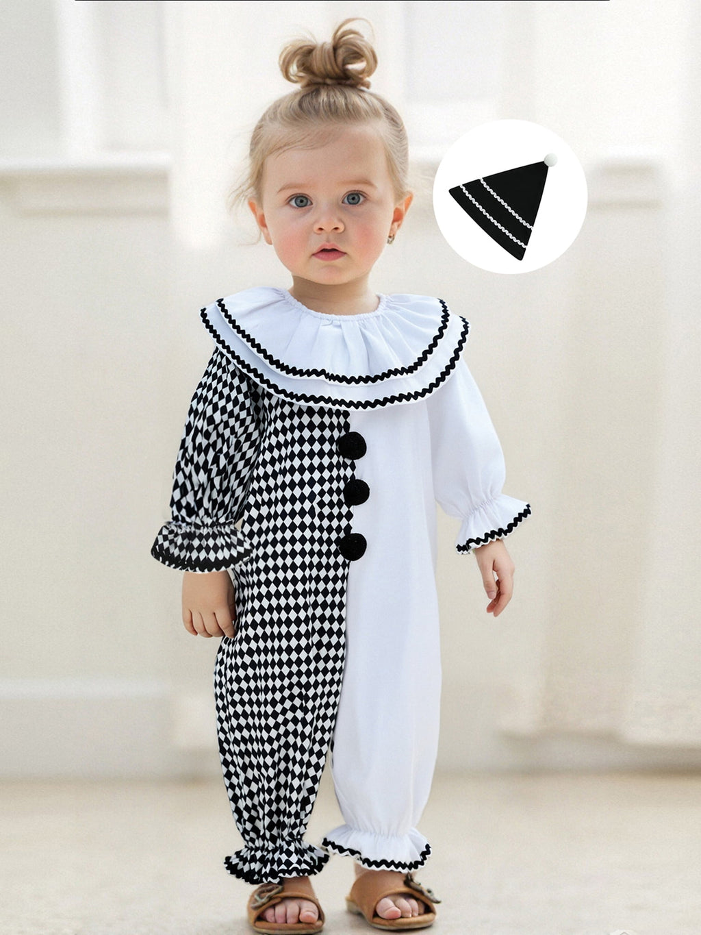 RUINIXCW Kids Toddler Baby Girl Boy Halloween Outfit Clown Costume Infant Baby Girl Boy Romper Birthday Photoshoot Outfit Contrast Color Long Sleeve Jumpsuit Hat