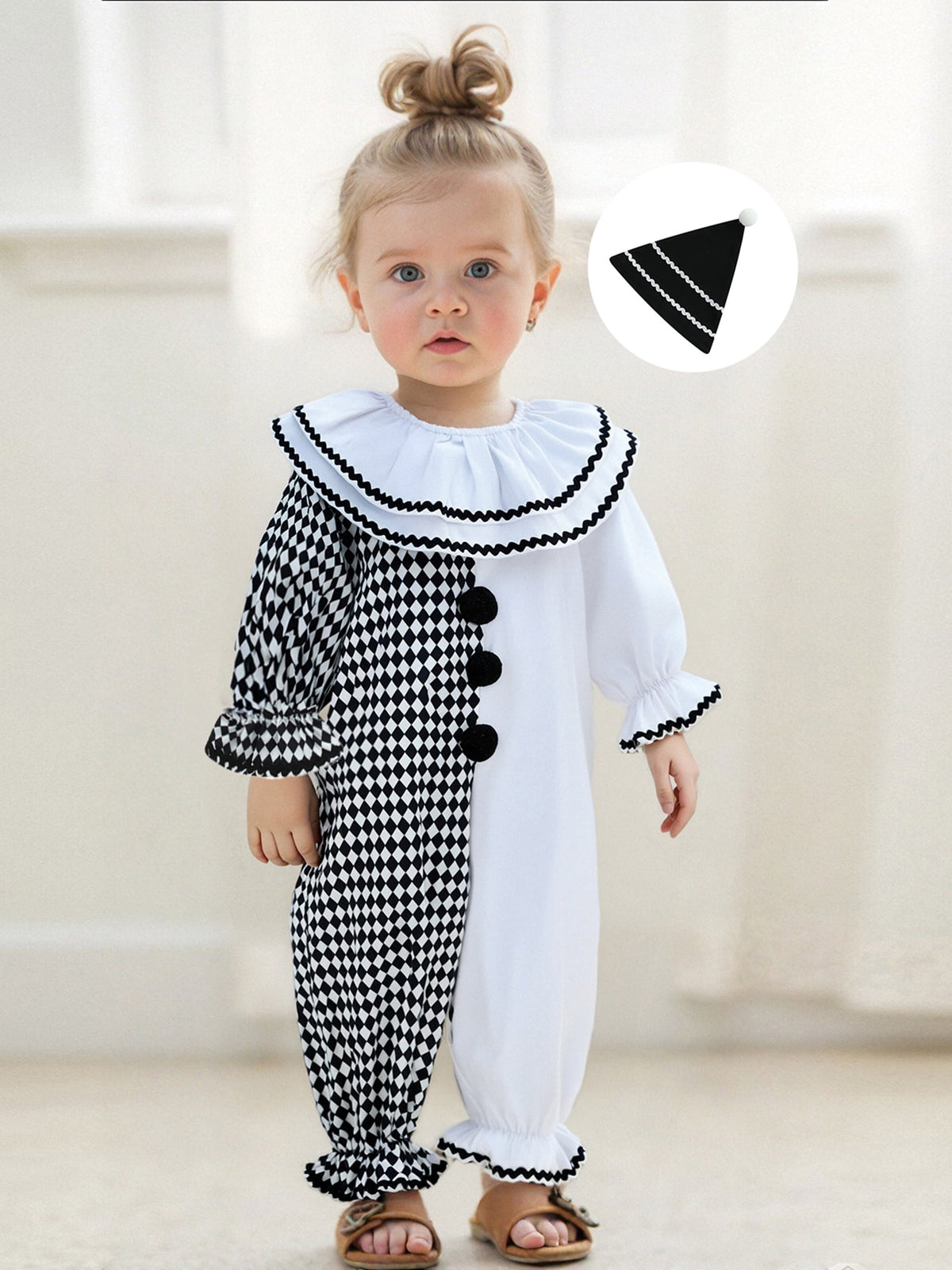 RUINIXCW Kids Toddler Baby Girl Boy Halloween Outfit Clown Costume Infant Baby Girl Boy Romper Birthday Photoshoot Outfit Contrast Color Long Sleeve Jumpsuit Hat