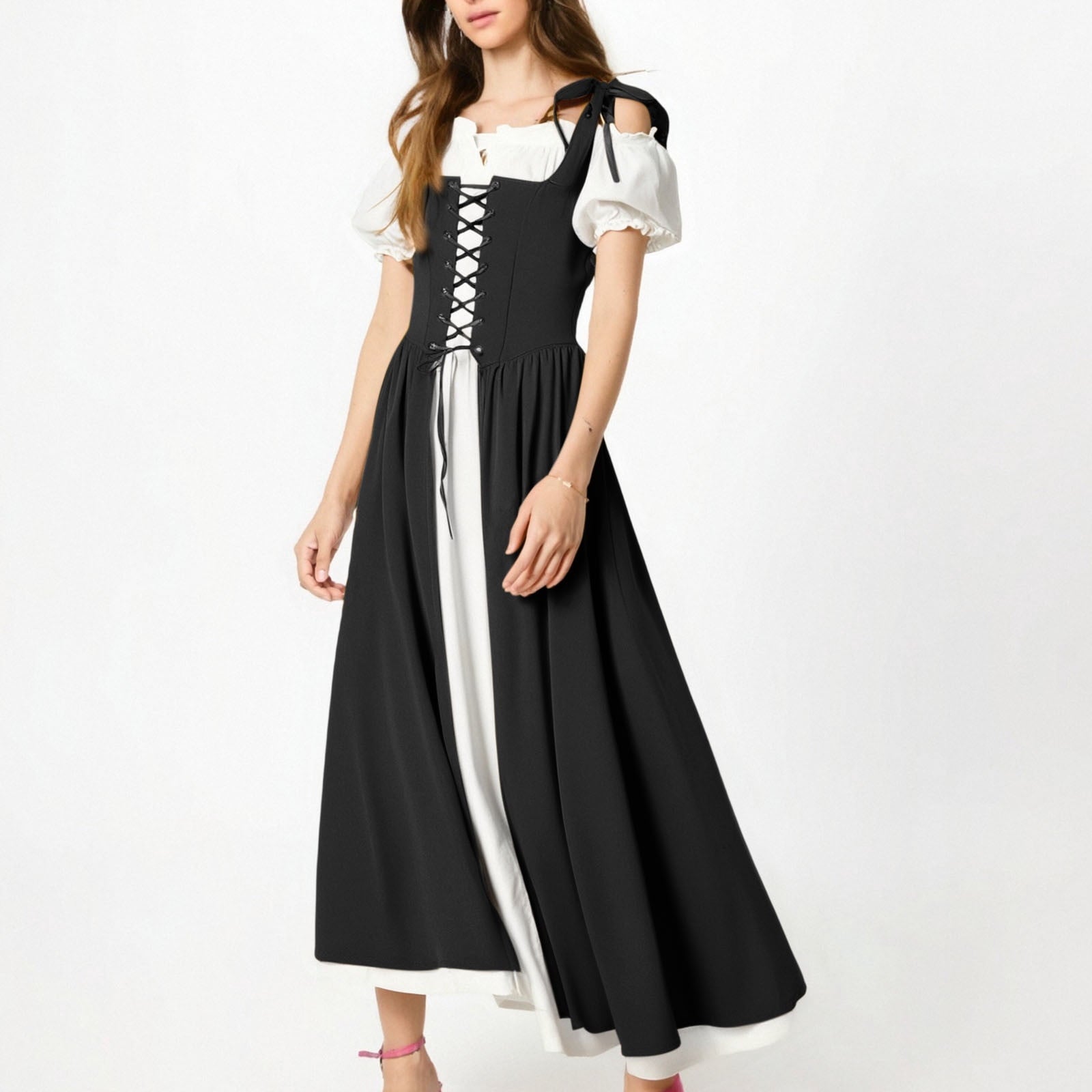 QATAINLAV Renaissance Costume Women Vintage Medieval Dress Cold Shoulder Short Sleeve Peasant Pirate Irish Maxi Dresses, Black, L