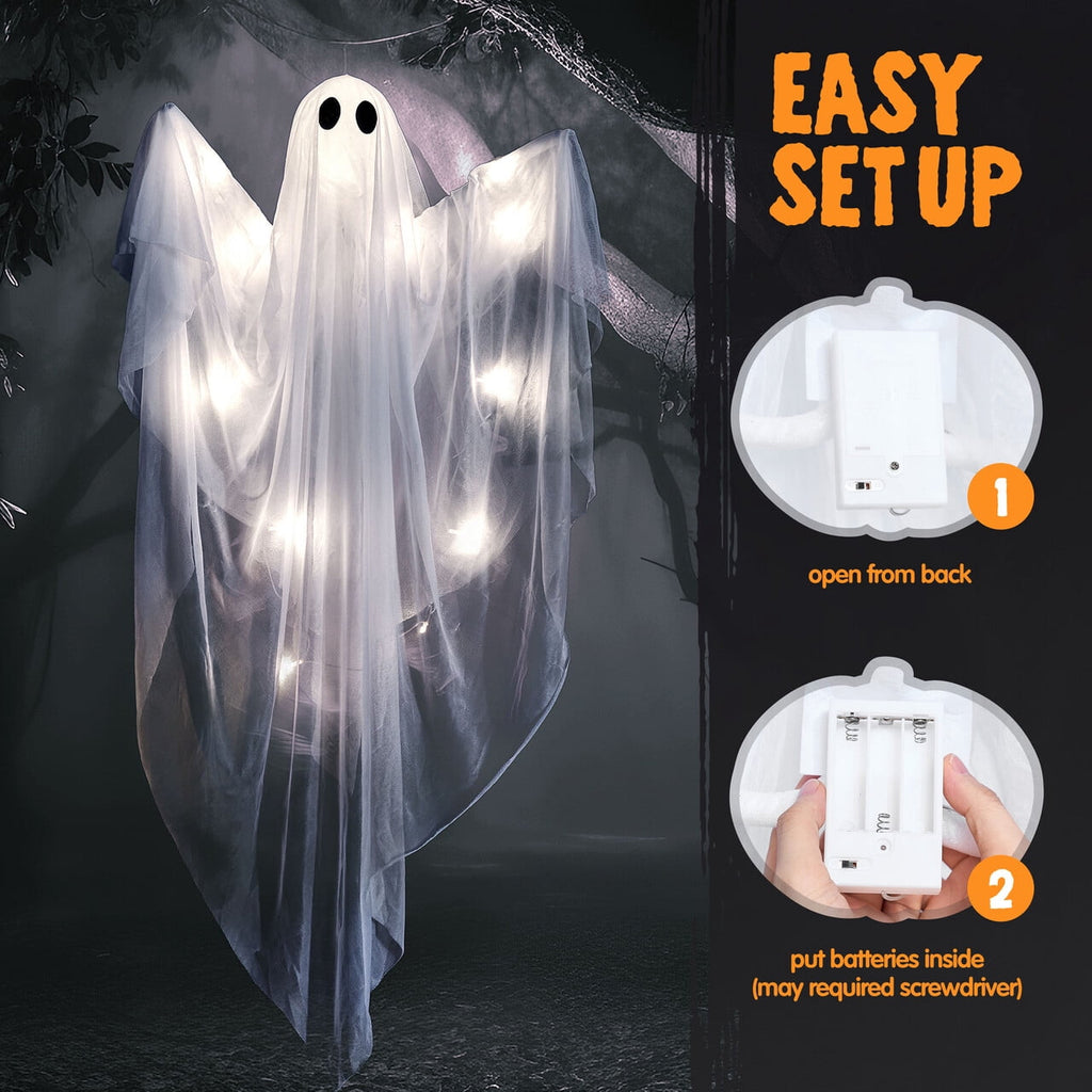Joyfy 47inch Halloween Decorations Outdoor Hanging Ghost,Light up White Ghosts with Spooky Warm White LED Light,Halloween Outdoor Yard Porch Decorations,Haunted House Decorations