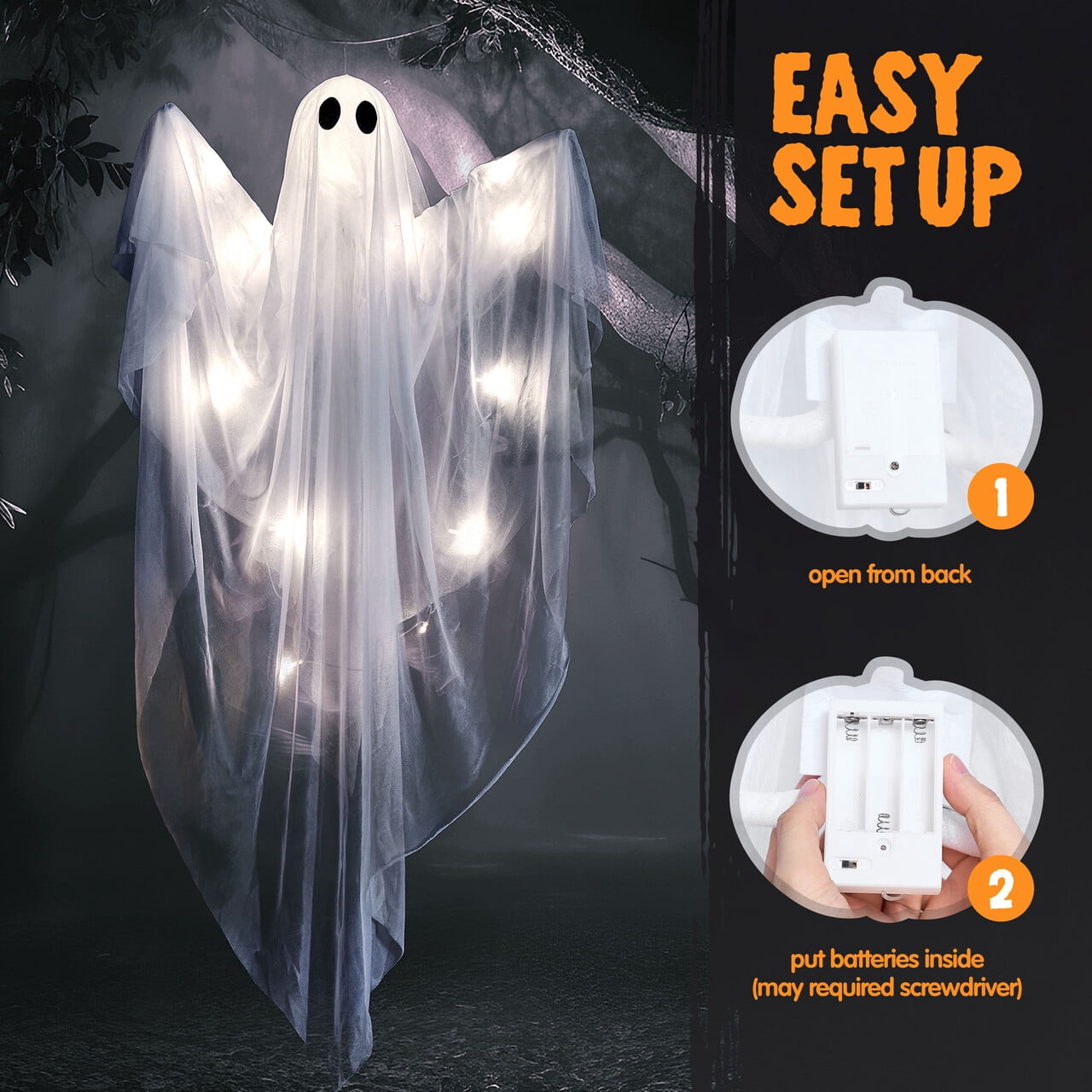 Joyfy 47" Halloween Hanging Light up Ghost Decorations Outdoor,White Ghosts with Blue LED Light and Timer Halloween Hanging Decoration Waterproof for Front Yard Patio Lawn