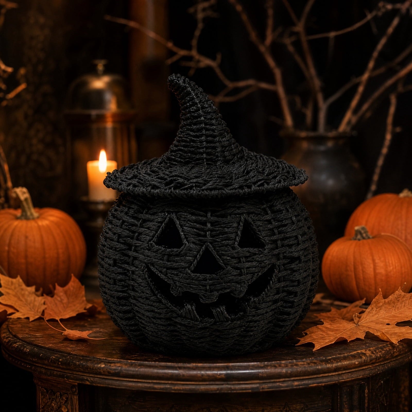Halloween Woven Seagrass Pumpkin For Spooky Halloween Candy Storage And Home Decor, Black Handcrafted Witch Hat Woven Seagrass Pumpkin For Festive Parties, Premium Decorative Woven Seagrass Pumpkin