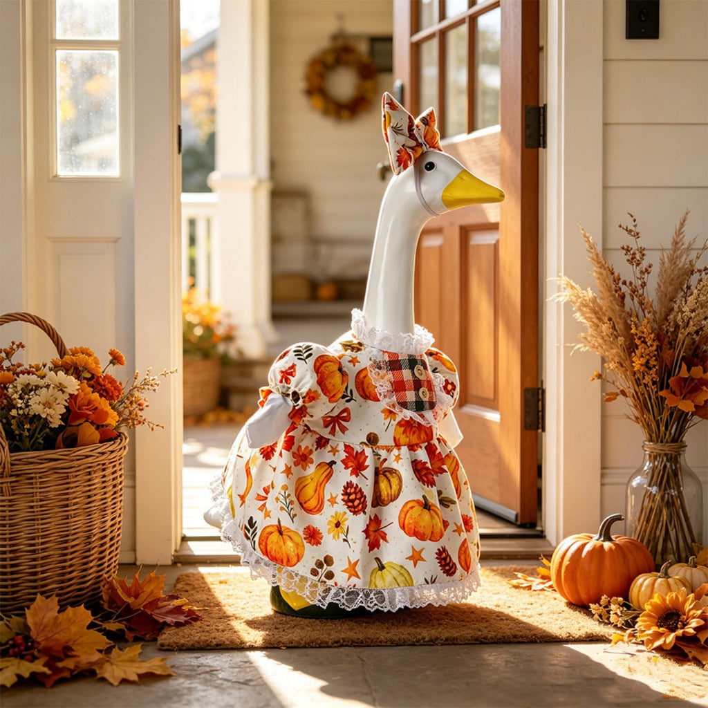 Thanksgiving Harvest Outfit for 23" Porch Goose, Goose Fall Theme Dress in White&Orange with Headwear Fall Harvest Decor for 23" Goose Outdoor Patio Yard Lawn Decoration