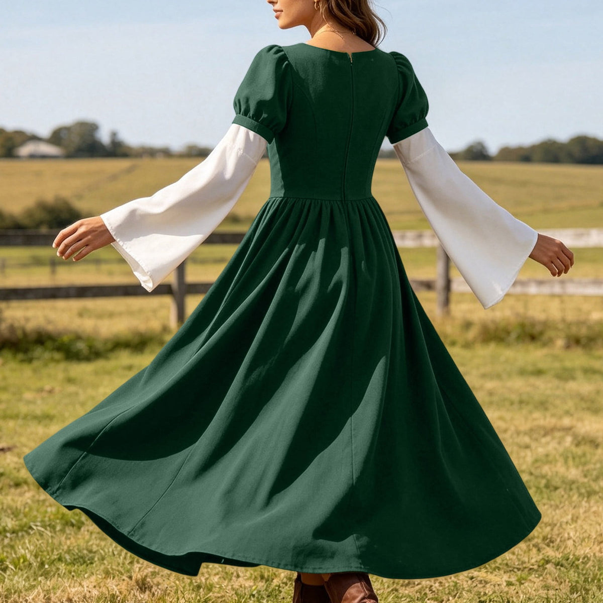 Hurxie Renaissance Costume Women Peasant Medieval Dress Maxi Fairy Dresses with Bell Sleeve Vintage Ren Faire Outfit