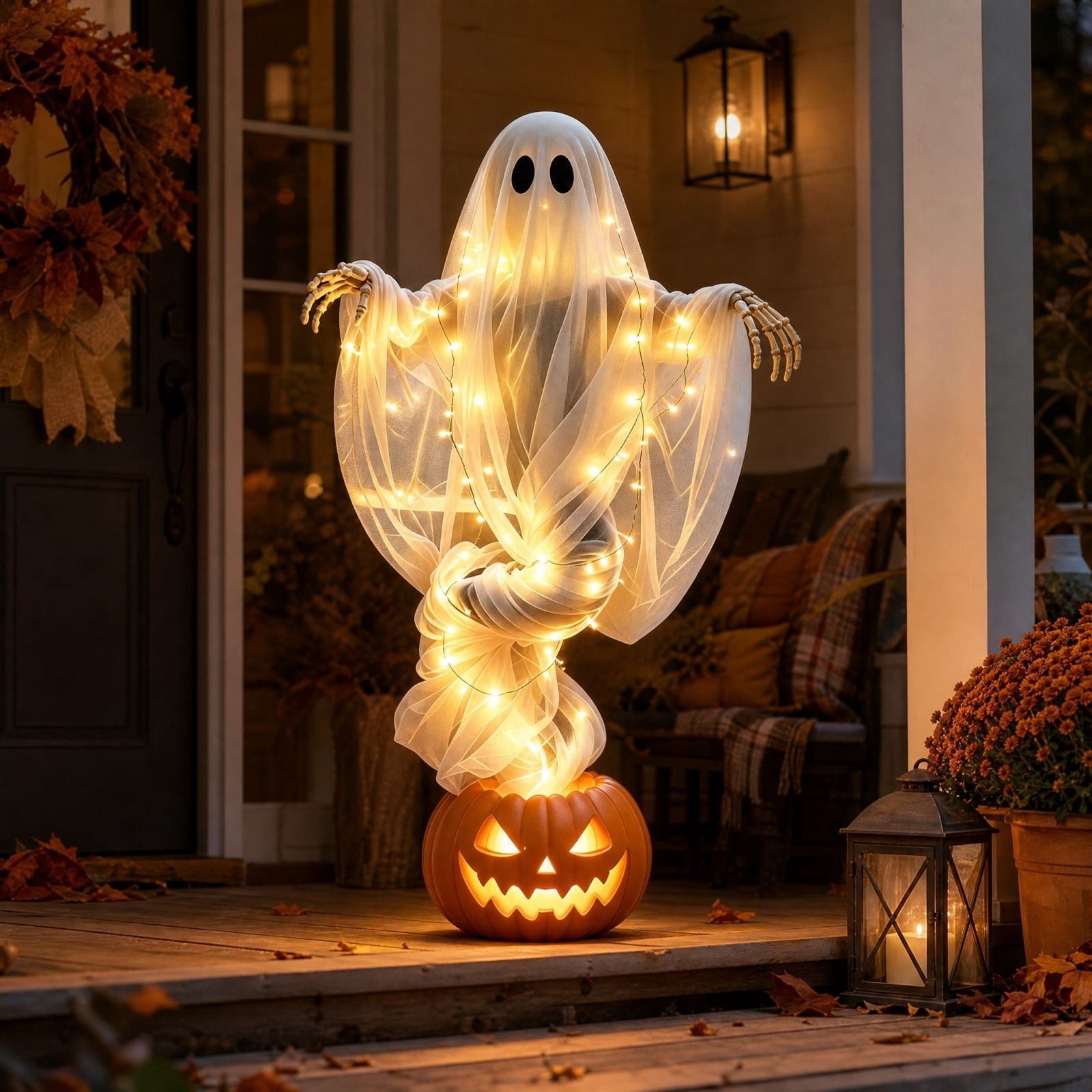 Halloween Light-Up Ghost Decorations Outdoor - 6.5 FT - 8 Sounds Gaint Hanging Swing Ghost Halloween Decoration, Spooky Cute Ghosts Decorations for Front Porch Yard Tree