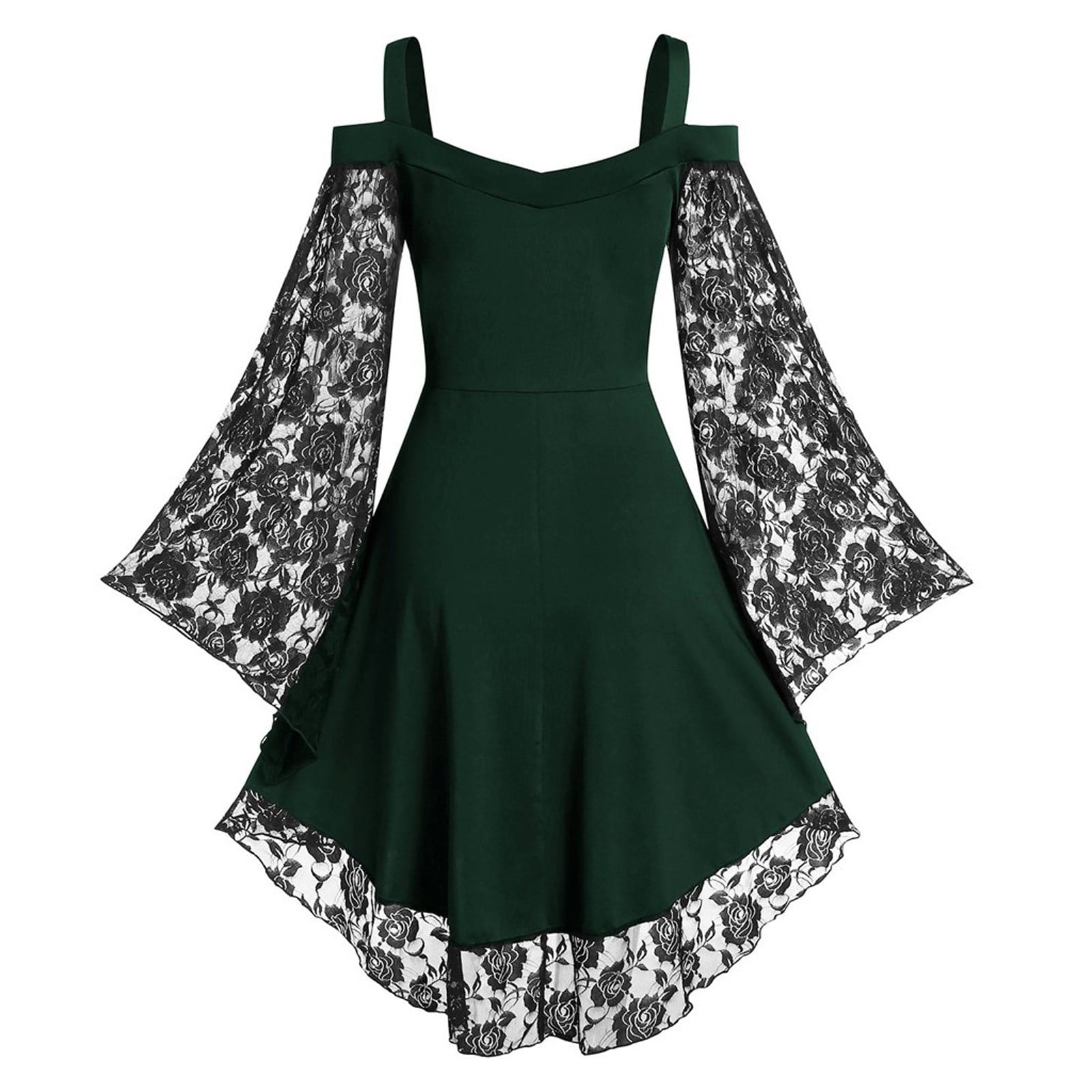 LYXSSBYX Halloween Costume for Women Cosplay Costumes Women Patchwork Skull Lace Splicing Long Sleeve Vintage Party Dark Gothic Dress