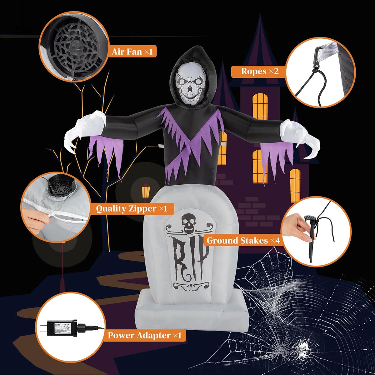 VINGLI Inflatable Halloween Outdoor Decorations, Blow Up Yard Decorations, Built-in LED Lights Décor for Indoor Home Party Garden Lawn Store, 6FT Death and The Grave