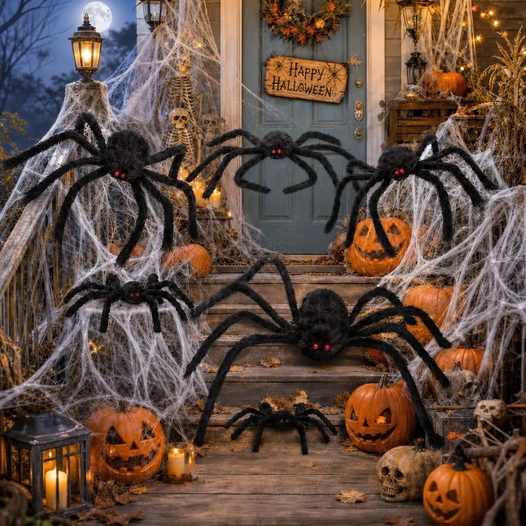 Scidweet Halloween Spider Decorations, 7 Pack Scary Spider Props Cobwebs Halloween Outdoor Indoor Party Yard Decor