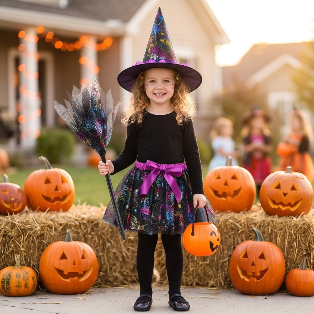 choiix Witch Tutu Skirt and Hat Set with Broomstick Halloween Costume Outfit with Printed Tulle Skirt and Witch Hat Cosplay Outfit for Party 100