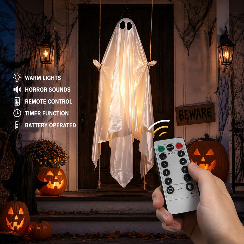 Cloth Hanging Swing Ghost Halloween Outdoor Decor,Remote Controlled LED Lighted Floating Ghost Ornament With 8 Lighting Modes For Porch Tree Yard Seasonal Holiday Display,Total Length 120.4 in.A