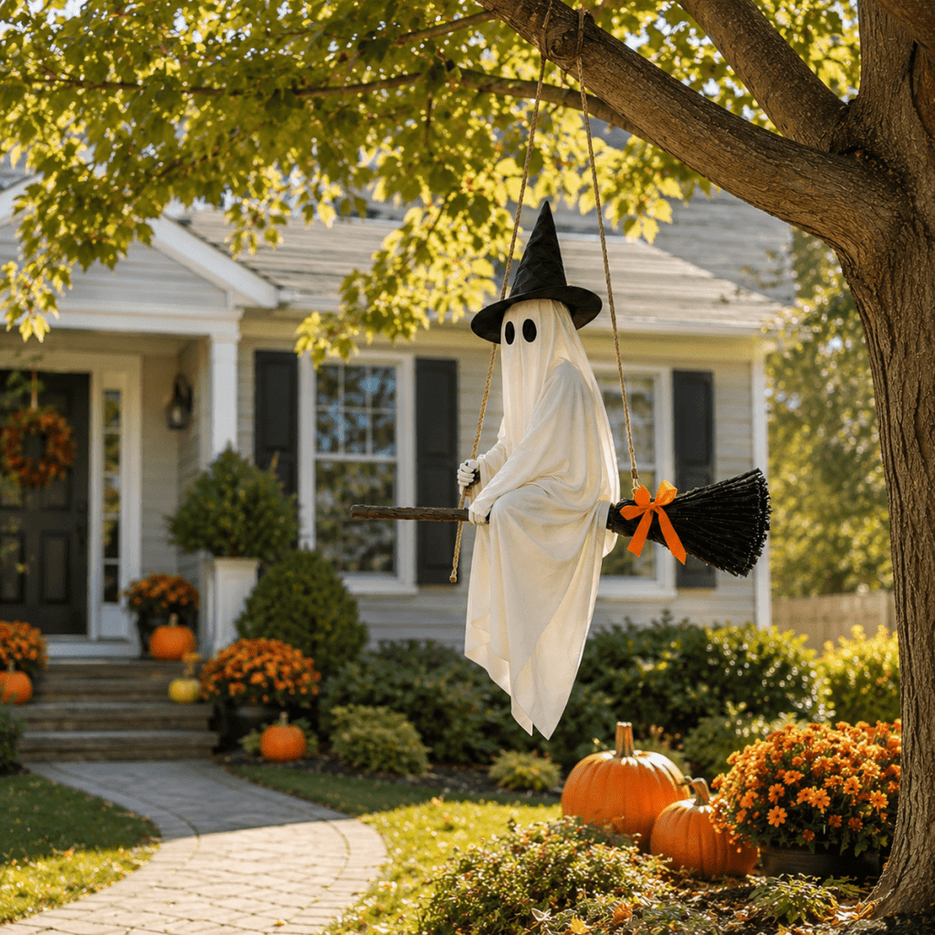 LIGHTED HANGING GHOST WITCH HALLOWEEN DECORATION Floating White Ghost With Black Witch Hat Rustic Broom And Orange Bow Warm Glow