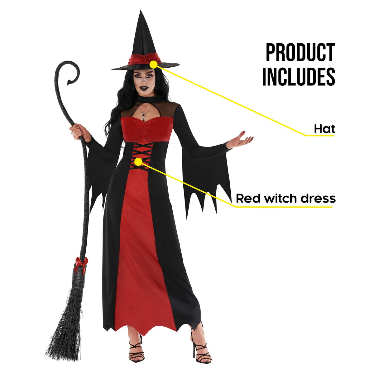 Morph Womens Long Red Witch Costume & Hat Ladies Wicked Halloween Fancy Dress Halloween Red M