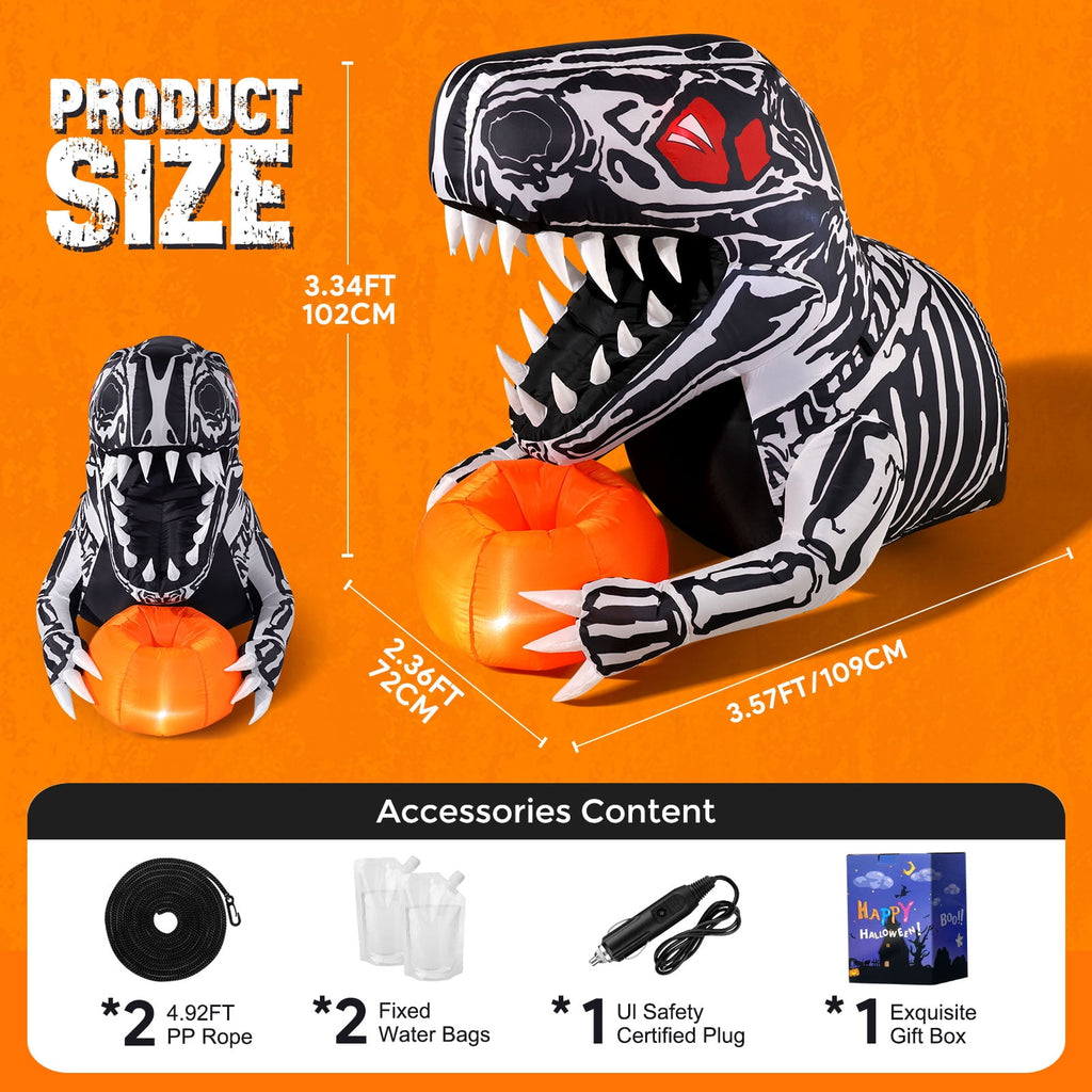 Ayieyill 3.6FT Halloween Inflatable Outdoor Decorations - Trunk or Treat Car Decorations - Halloween Blow Ups Animated Skeleton Dinosaur with LEDs for Halloween Outdoor Yard Decorations