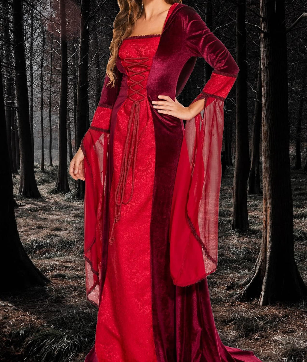 Halloween Witch Costume Women, Deluxe Witch Dress Costume, Vintage Embroidered Renaissance Gothic Hooded Vampire Gown Dress Cosplay Costumes Red S