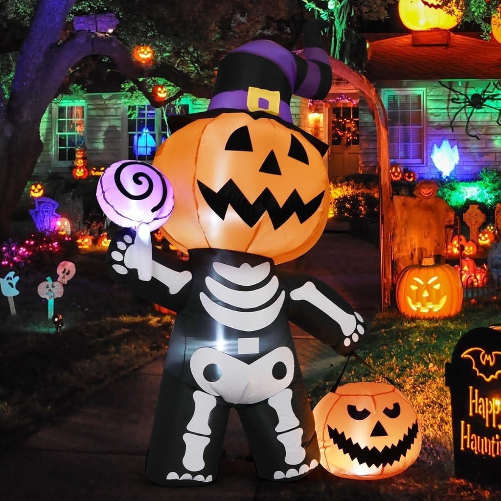 GOOSH Halloween Inflatables 6 FT Halloween Pumpkin Inflatable with Skull Body, Scary Blow Up Halloween Pumpkin Decoration with LED Lights, Outdoor Halloween Decorations Clearance for Holiday Party