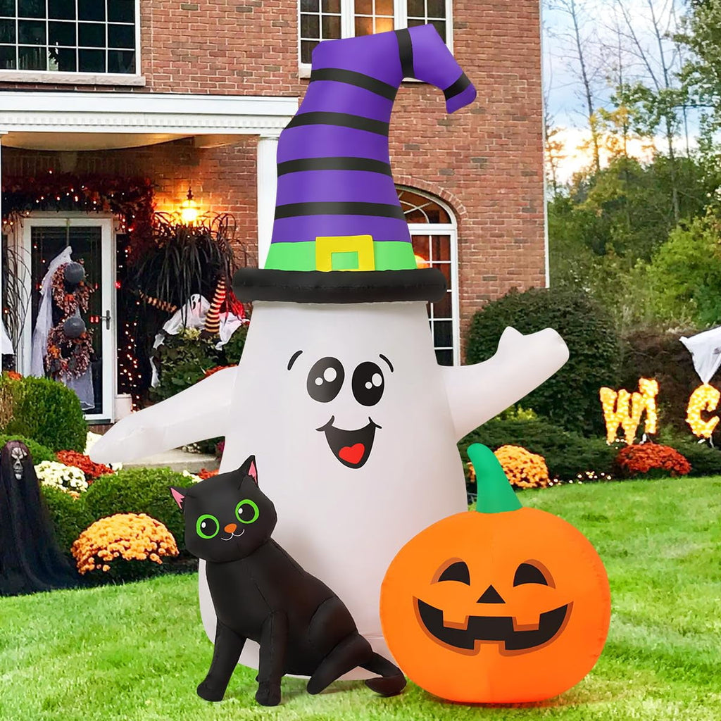 GOOSH Halloween Inflatables 5 FT Halloween Ghost Inflatable with LED Lights, Cute Ghost Blow Up with Wizard Hat Pumpkin Black Cat, Outdoor Halloween Decorations for Halloween Holiday Indoor Outdoor