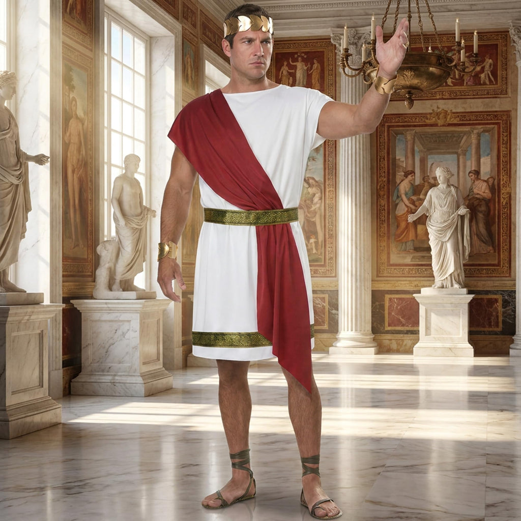 EBaokuup Adult Toga Costume Set, Red Roman Greek God Costume for Men and Women Halloween