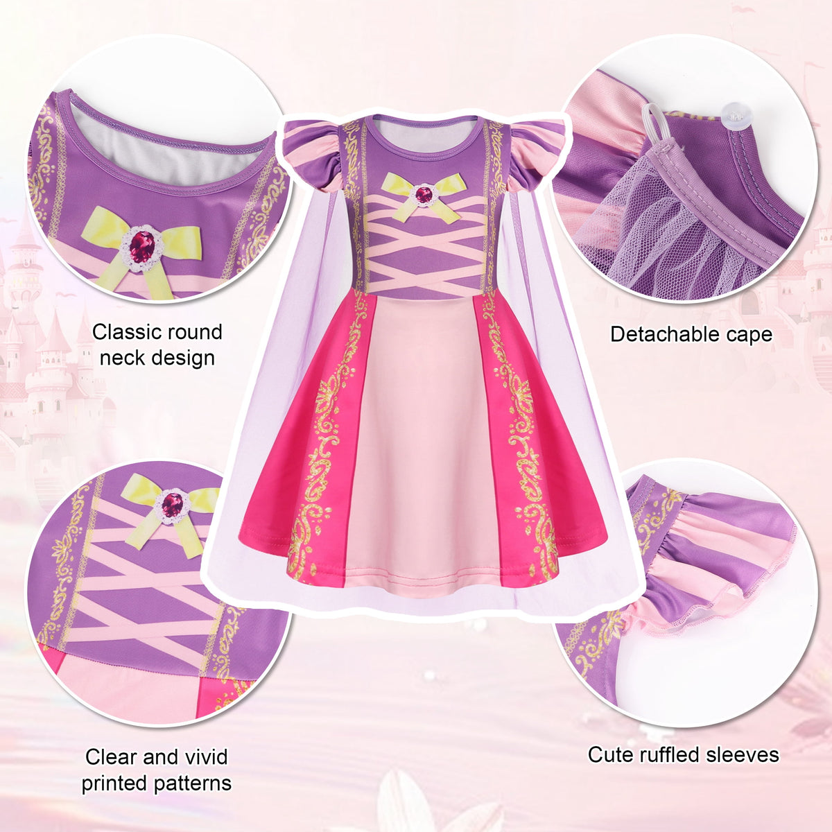 Benylion Girls Ice Princess Dress Halloween Cosplay Costumes With Tulle Cape Kids Birthday Party Dress up Outfit for 7-8 Years