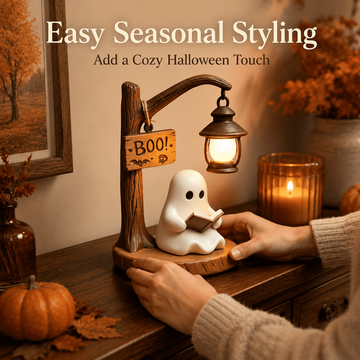 Diceymbol Halloween Decorations and Fall Decor, Halloween Venue Decoration Ghost Props LED Illuminated Ghost Decorations for Tabletop, Mantel, Shelf Indoor Outdoor 9.05 inch