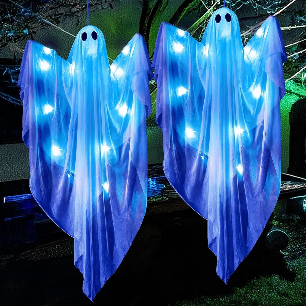 Joyfy 47inch Halloween Decorations Outdoor Hanging Ghost,Light up White Ghosts with Spooky Warm White LED Light,Halloween Outdoor Yard Porch Decorations,Haunted House Decorations