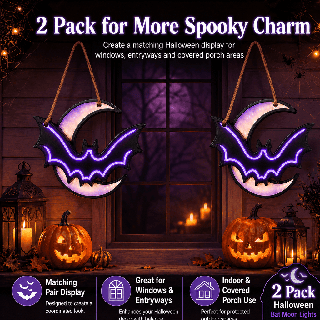 2 Pack Halloween Bat Moon Lights, Battery Operated Purple LED Hanging Decorations, Light Up Window Wall Decor for Indoor Covered Porch