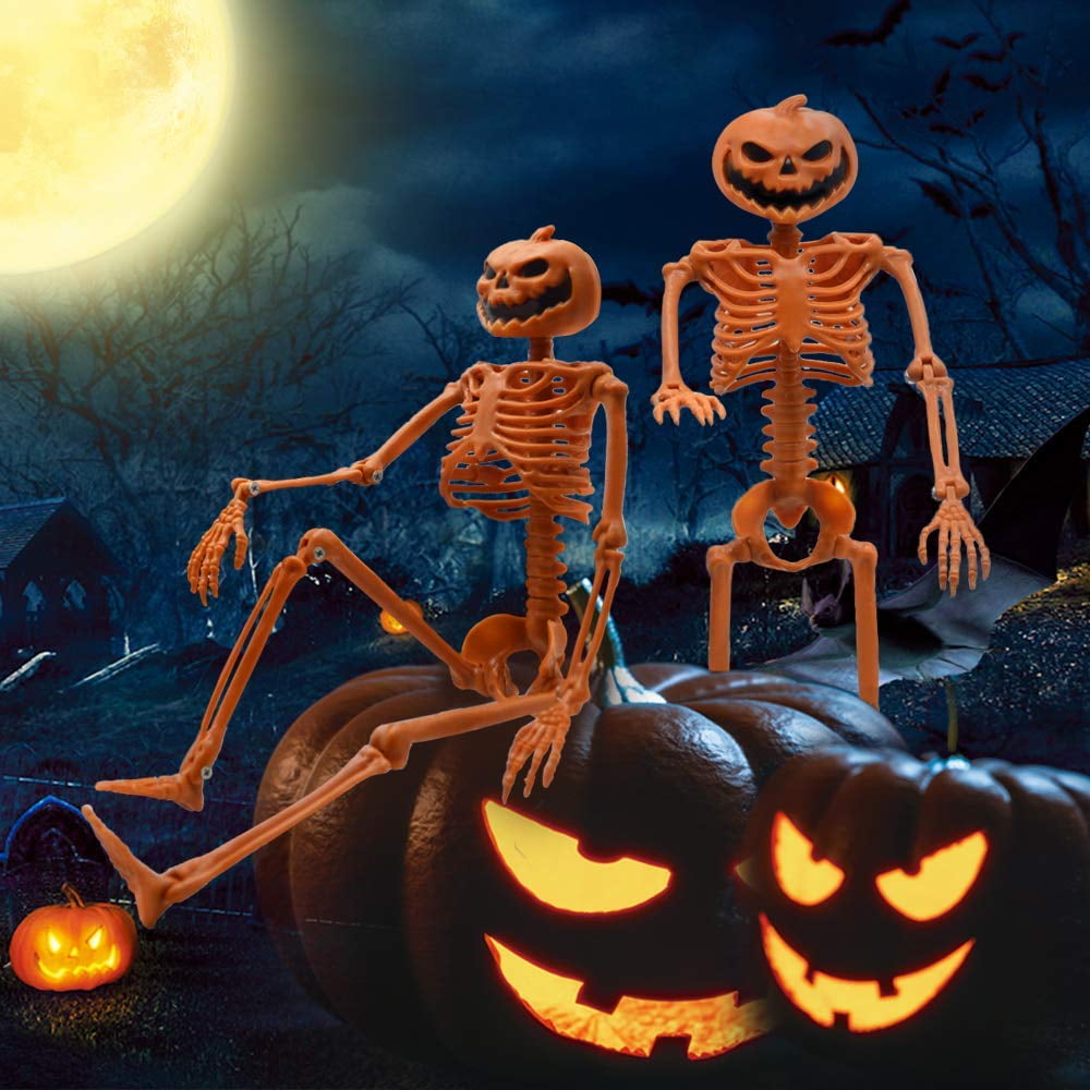 TETOU 2 Packs Halloween Skeletons, 14.9" Halloween Full Body Skeleton with Posable Joints for Haunted House Graveyard Props Decor