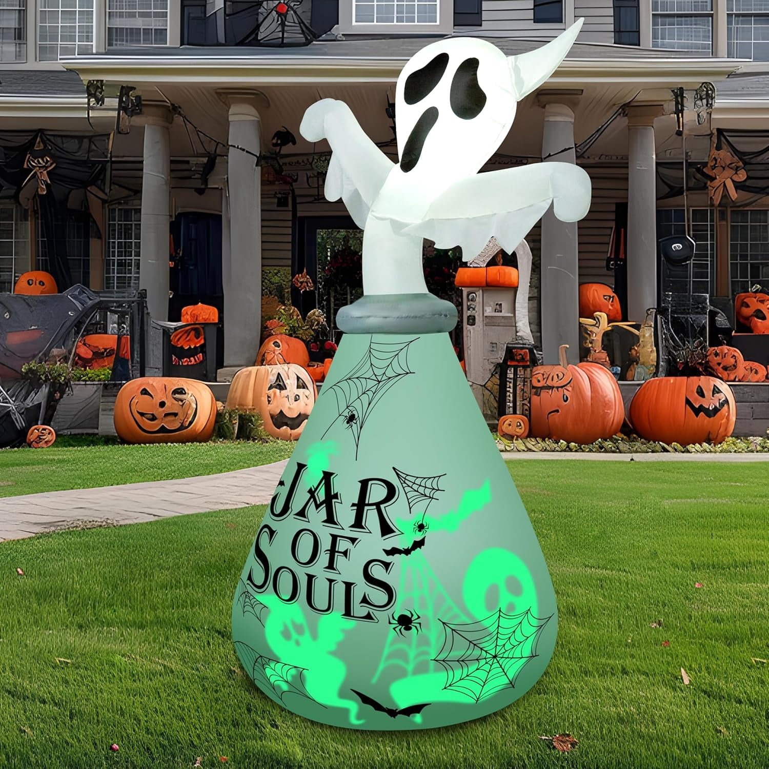 Joyfy 6 ft Halloween Inflatable Witch & Cauldron,Blow Up Decor with Rotating Green Ghost Projection Built-in LEDs,Outdoor Decoration for Party,Yard,Garden