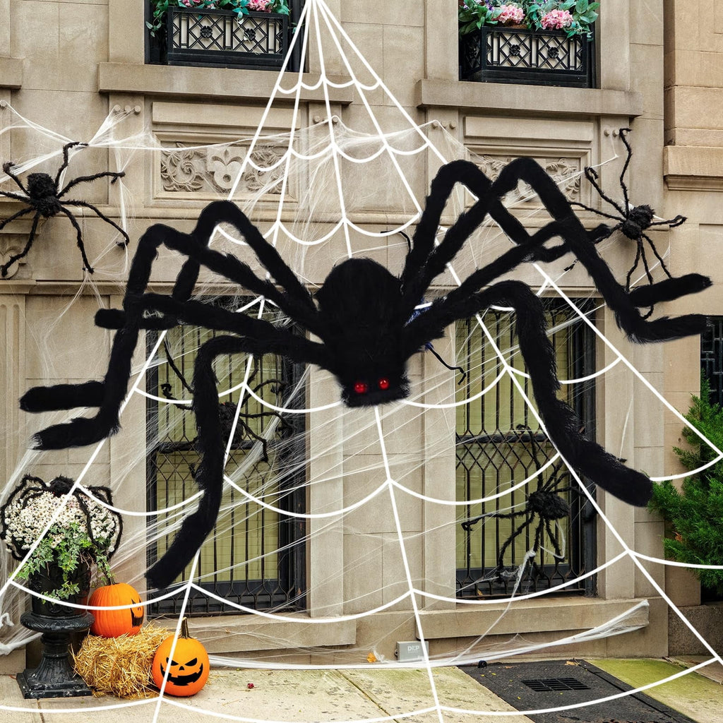 Halloween Decorations Outdoor Spider Webs: 1Pcs Giant Spiders - 200'' Triangular Web with Hook - Stretch Web and Ground Stakes for Large Halloween Decor and Haunted House Decoration