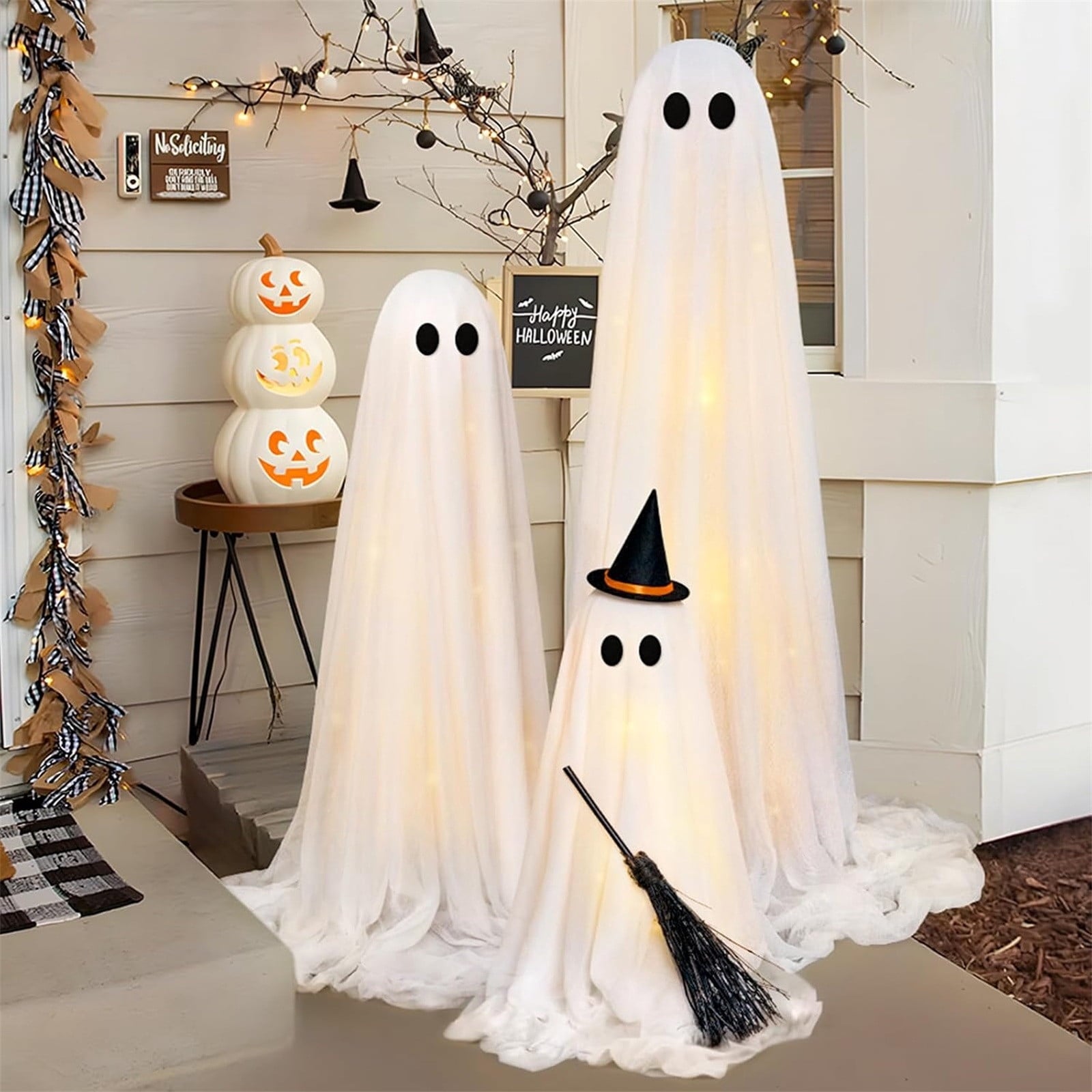 GoLucid 3 Pack Light Up Ghost Family Halloween Decorations with Remote, Adjustable Glowing Ghost Trio with Witch Hat & Broom for Yard Porch Decor