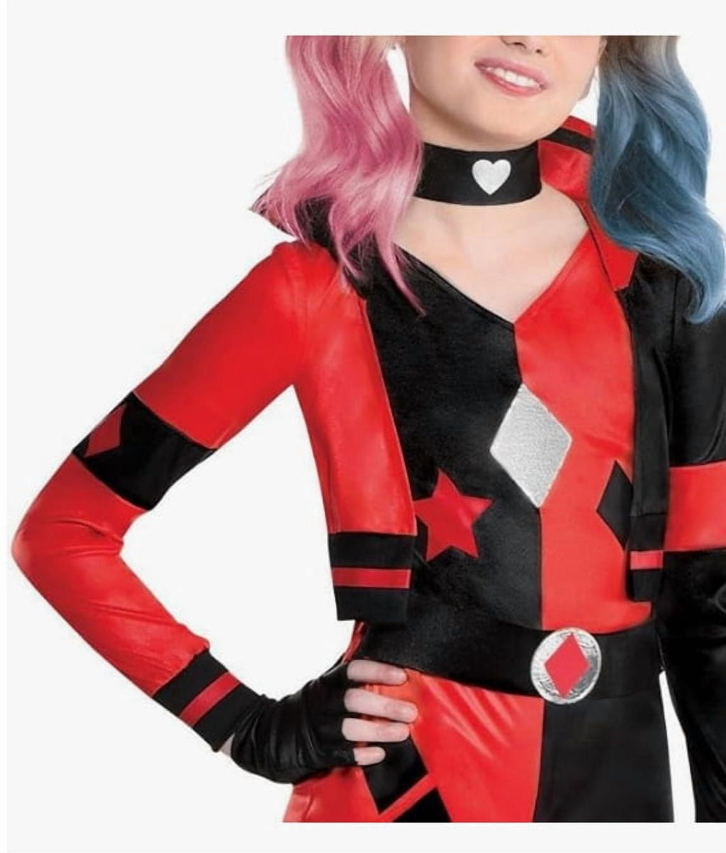 DC Comics Harley Quinn Girls Fancy-Dress Costume with Romper, Choker, Gloves & Leg Warmers - Large