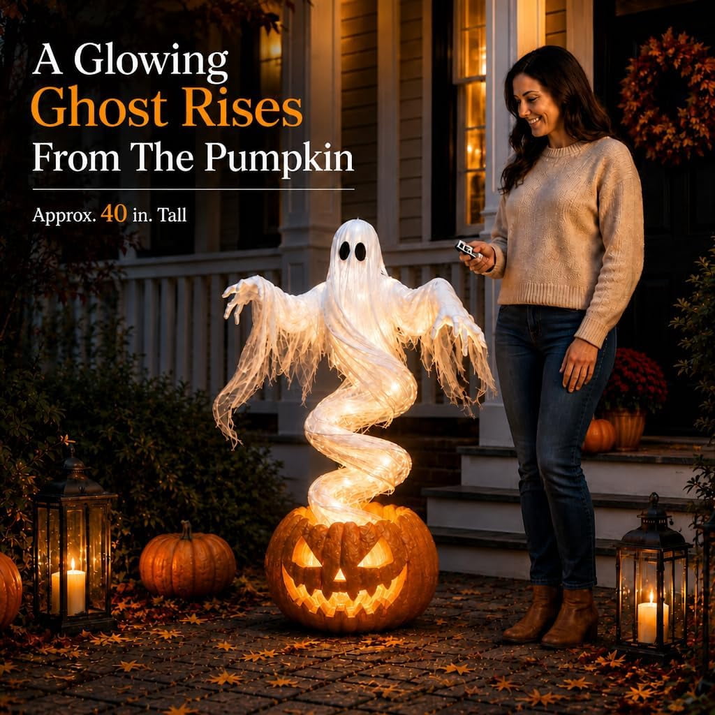 Halloween Light-Up Ghost Decorations Outdoor - 6.5 FT - 8 Sounds Gaint Hanging Swing Ghost Halloween Decoration, Spooky Cute Ghosts Decorations for Front Porch Yard Tree