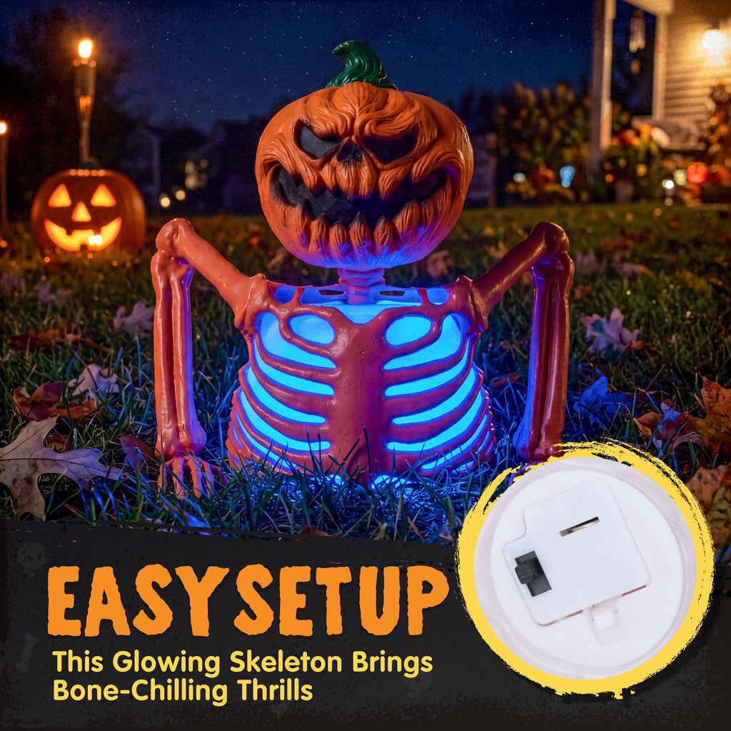 Joyfy Halloween LED Light Up Skeleton Pumpkin Table Decor,Multicolor Lighted Pumpkin Skeleton Ornament Indoor Outdoor Desk & Party Tabletop Decoration Supplies (10x8.6inch)