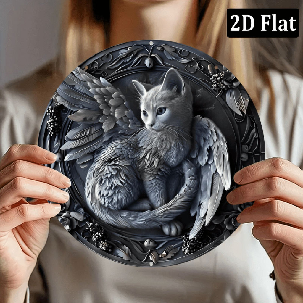 2D Flat, Vintage Angel Cat Round Aluminum Wall Art Sign 8*8 Inch, Detailed Gray Winged Cat Design with Feathers & Floral Patterns, Perfect for Home, Office, Bar, or Kitchen Decor, Unique Halloween