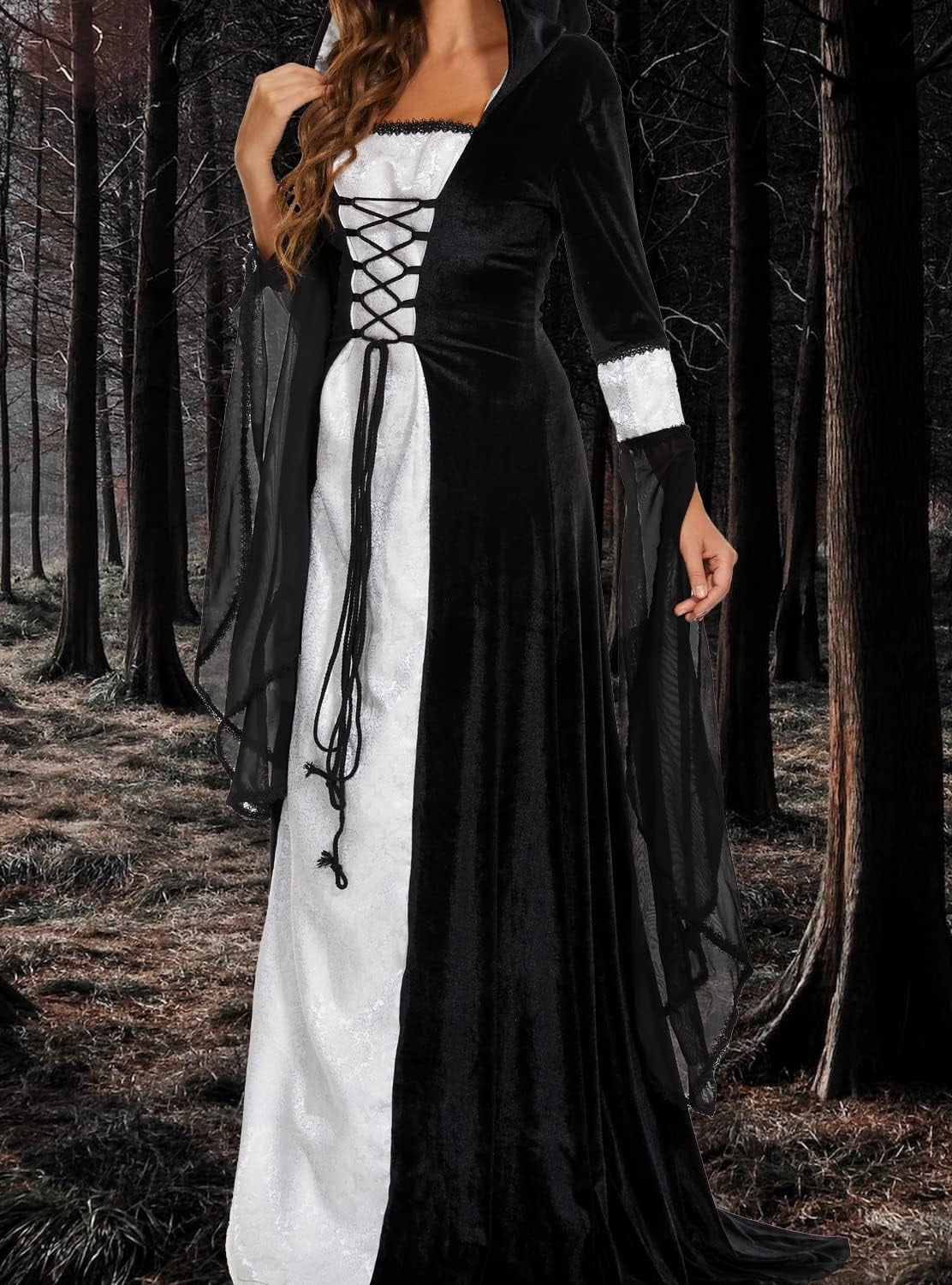 Halloween Witch Costume Women, Deluxe Witch Dress Costume, Vintage Embroidered Renaissance Gothic Hooded Vampire Gown Dress Cosplay Costumes Red S
