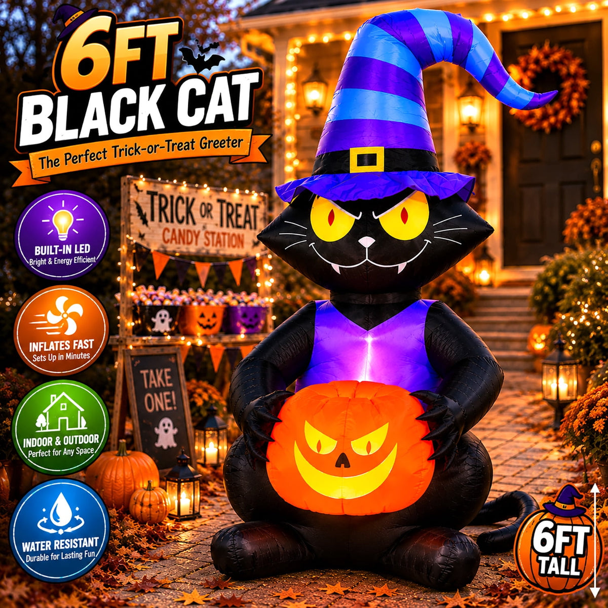 Toiyjofe 6ft Halloween Inflatable Black Cat with Jack-o'-Lantern & LED Lights, Trick-or-Treat Yard Decoration with Witch Hat for Outdoor Lawn & Porch