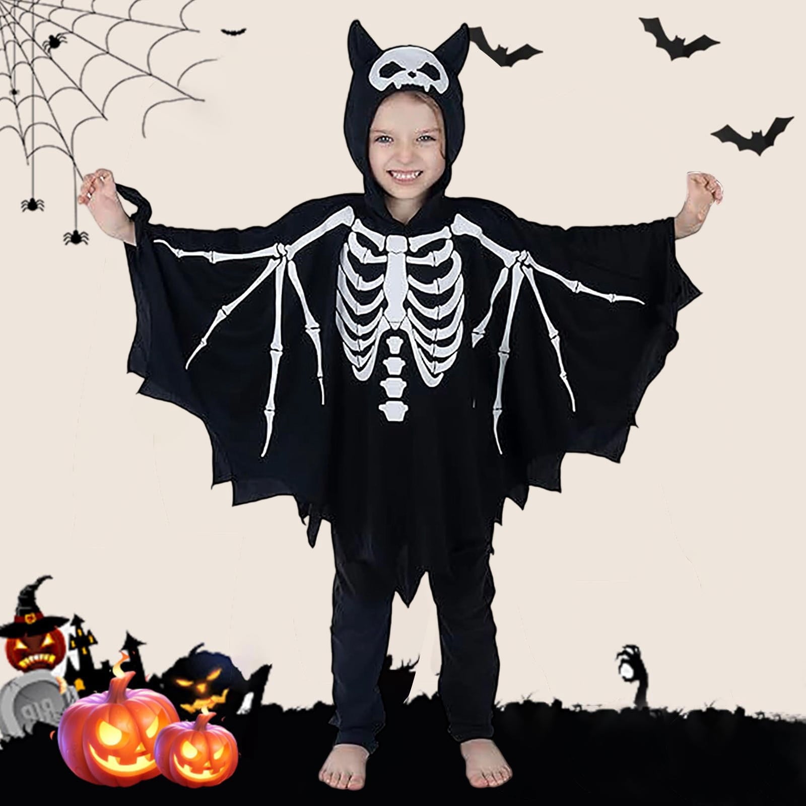 TBWNWG Halloween Boys Skeleton Jumpsuit Scary Bone Outfit Kids Party Cosplay Theme Dress Up Bat Hooded Unisex Long Sleeve,Sizes 5-6 Years