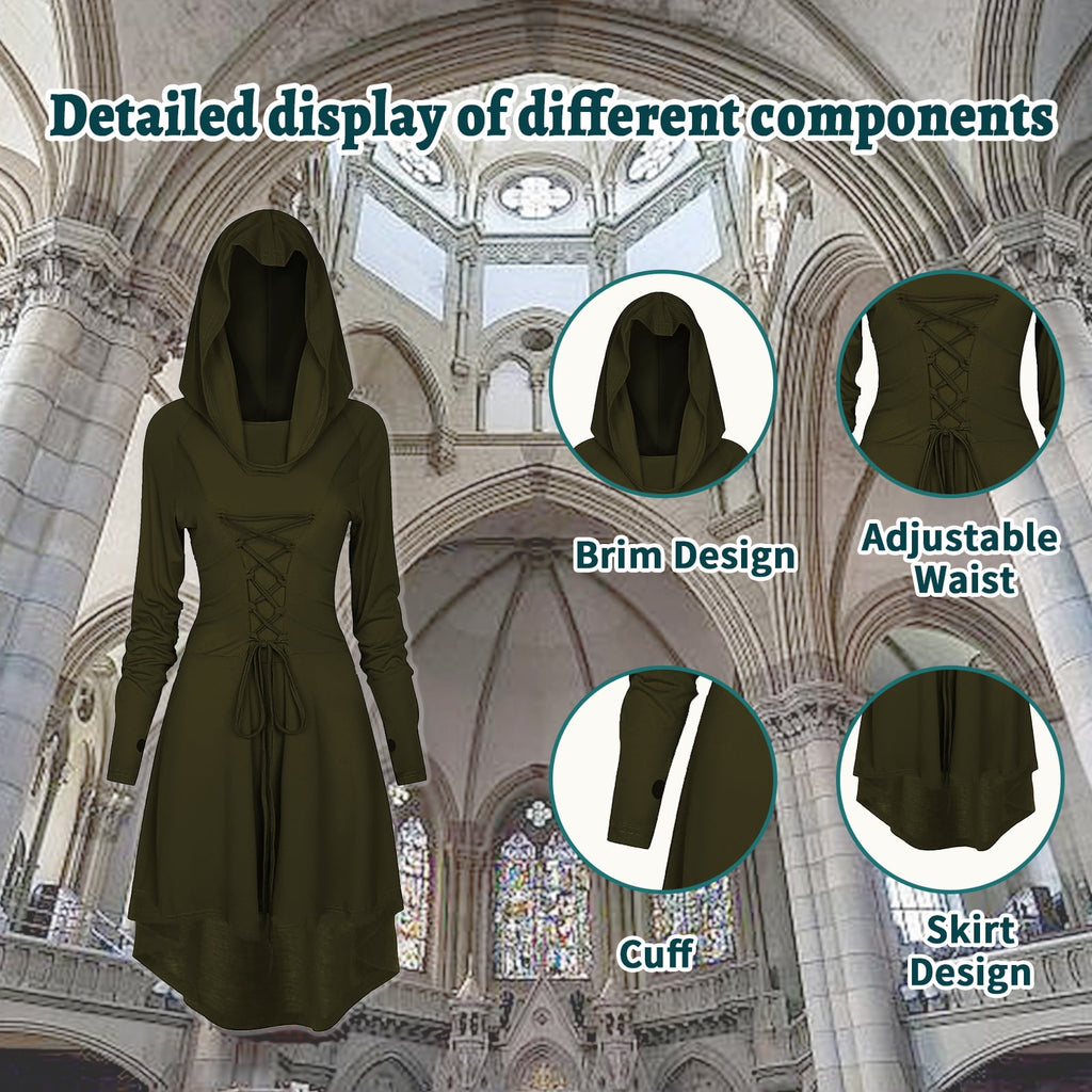 WASFDN Womens Renaissance Costumes Hooded Robe Lace Up Renaissance Dress Women Halloween Vintage Medieval Cloak(Green,L)