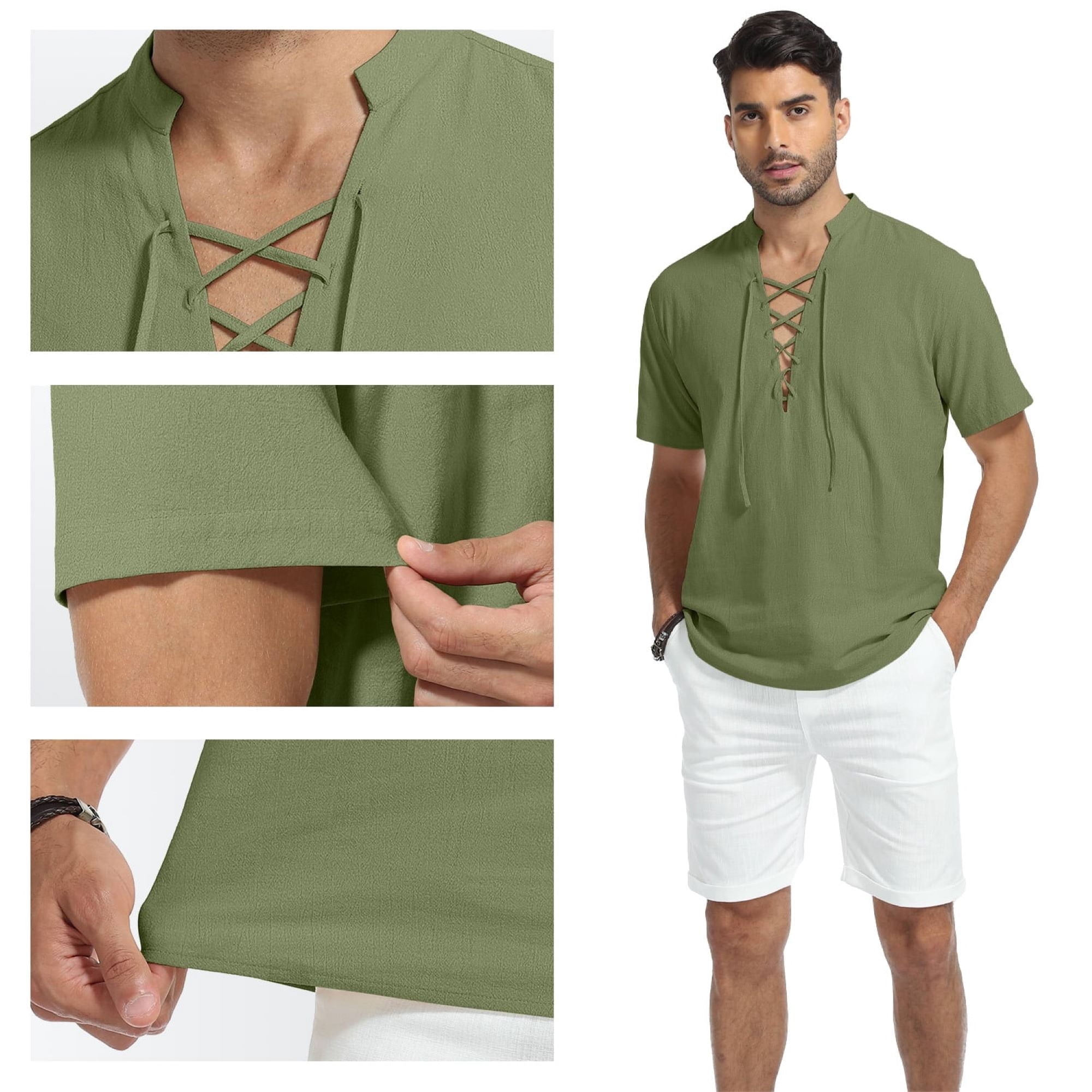 HAOMEILI Men's Cotton Linen Lace-Up V-Neck Short Sleeve Shirt