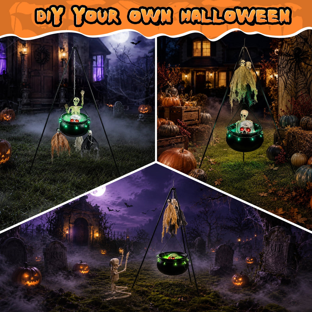 Halloween Decorations Bundle - 78cm/30.7" Witches Cauldron on 54" Tripod with Green LED Lights, 3pcs 40cm Skeleton, 60cm Skeleton, Skull Ornament, 4 Hooks - Indoor Outdoor Yard Porch Party Supplies
