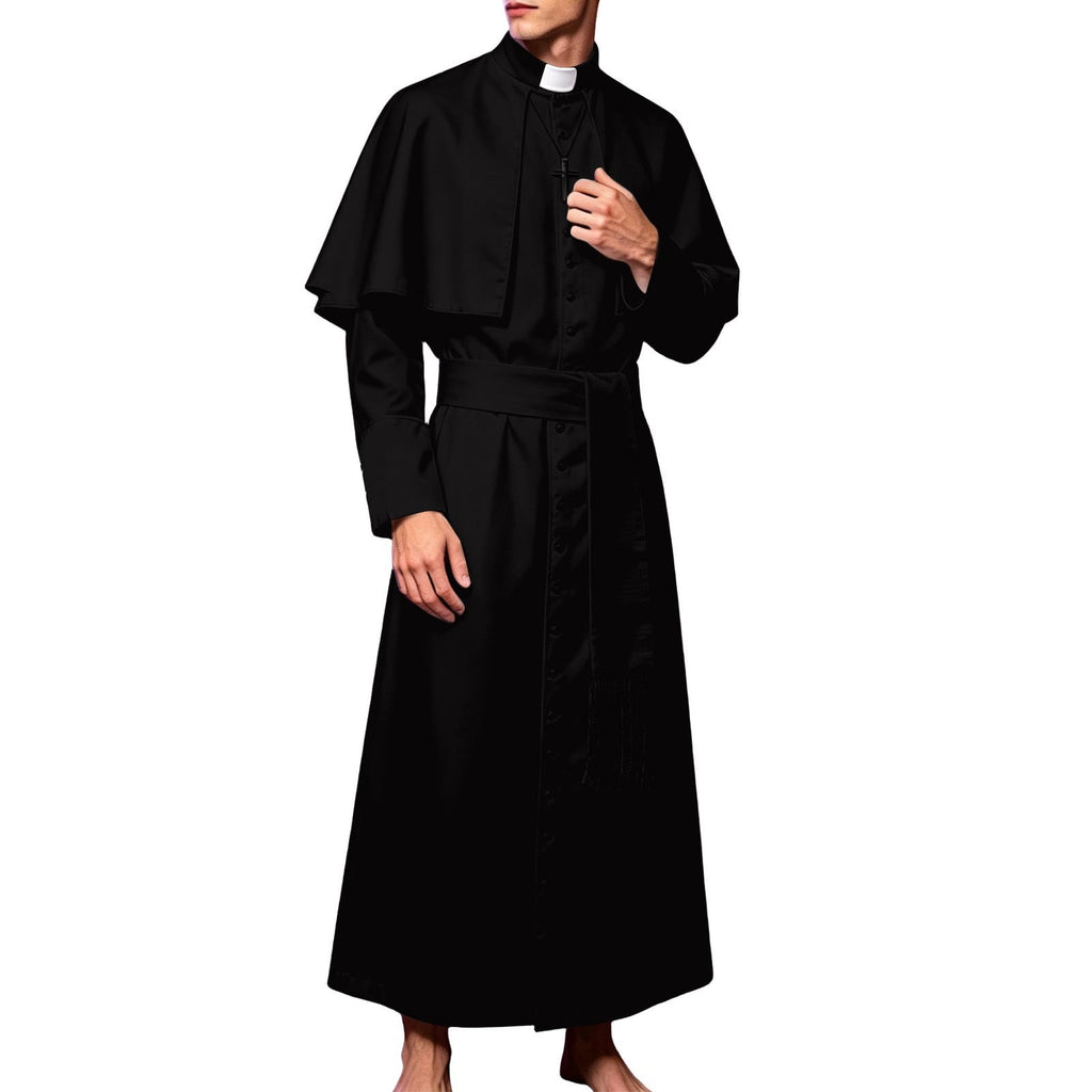 JOANKDMI Catholic Priest Costume for Men Clergy Cassock Robe with Capelet and Sash Halloween Party Outfit Religious Father Minister Fancy Dress for Men