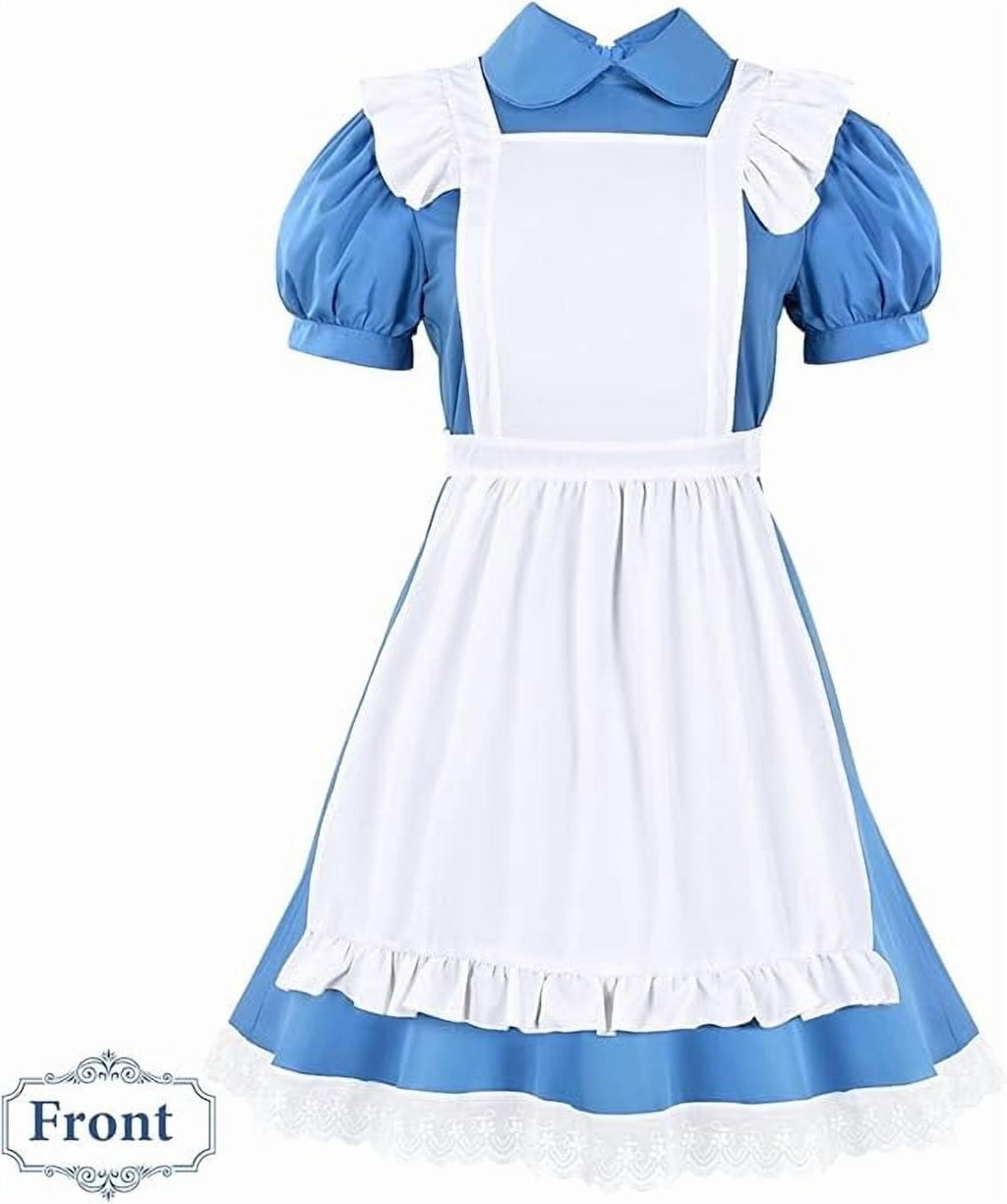 MARTINE MALL Women Halloween Blue White Princess Costume Dress With Bow Hair Band Stockings Set