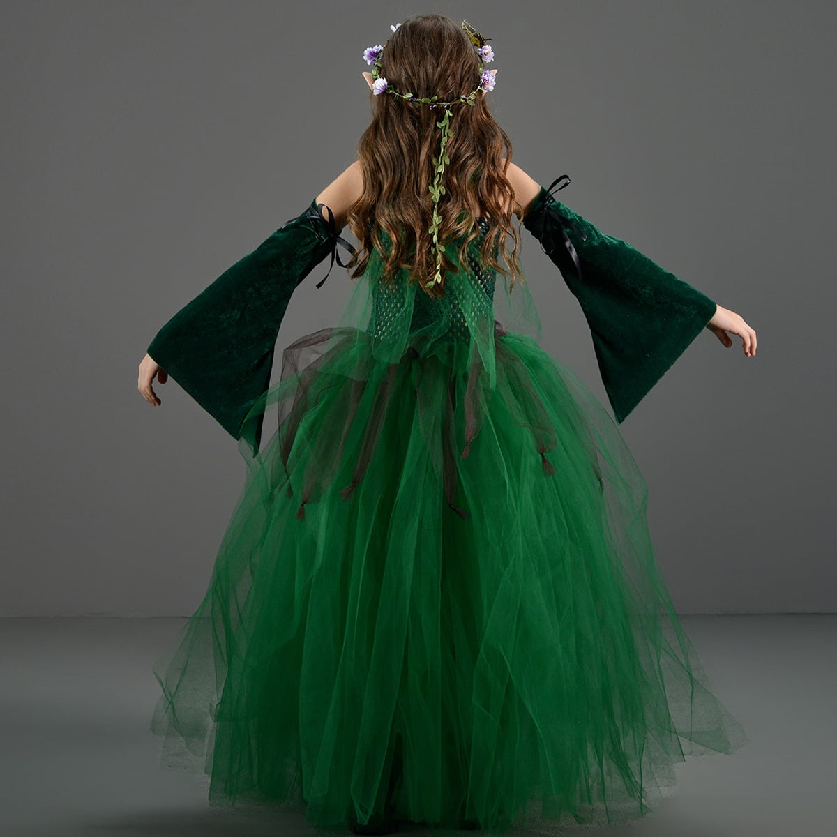 Girls Halloween Forest Elf Fairy Costume Green Sleeveless Tulle Tutu Dress+ Arm Sleeves+ Elf Ears+ Garland