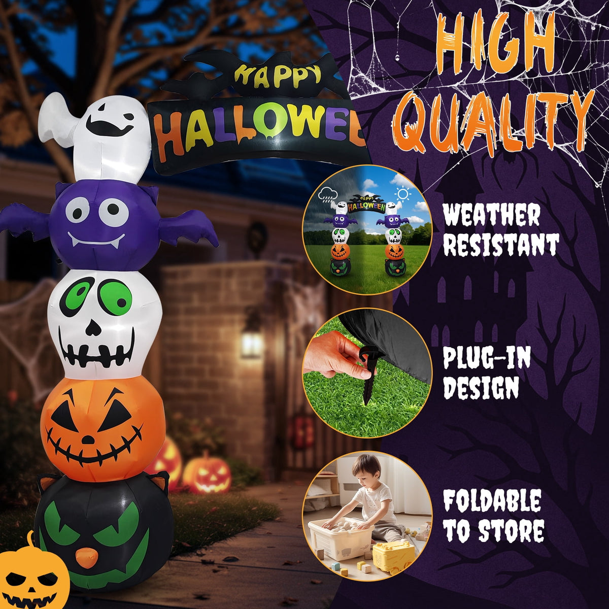 UBesGoo 8.2' Halloween Inflatables Pumpkin Ghost Archway , Blow up Hallowee Decorations with Built-in LED Lights for Holiday